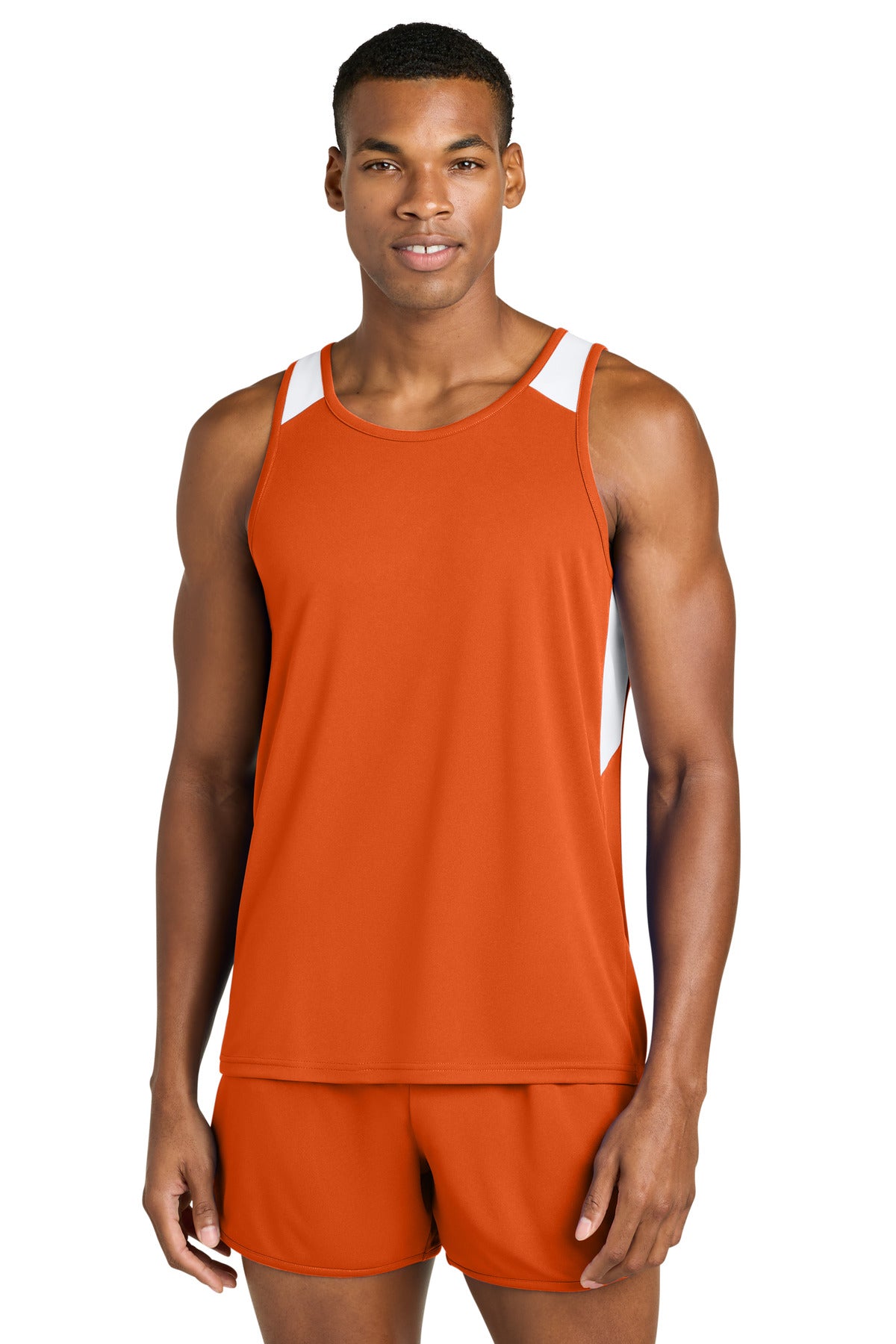 Custom Deep Orange/ White Club Track Tank ST446, personalized by SanCanDo Swag in Argyle, TX