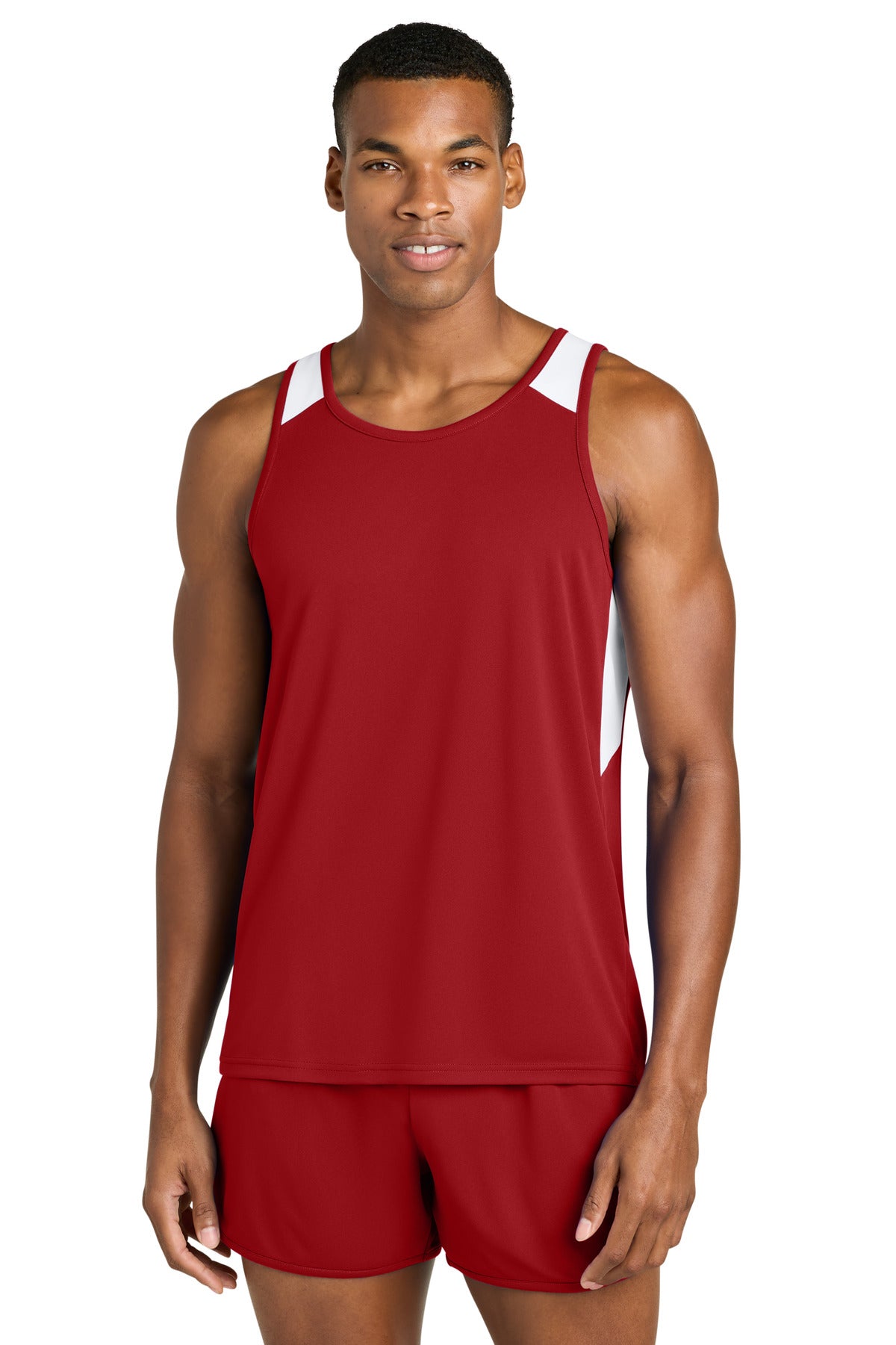 Custom Deep Red/ White Club Track Tank ST446, personalized by SanCanDo Swag in Argyle, TX