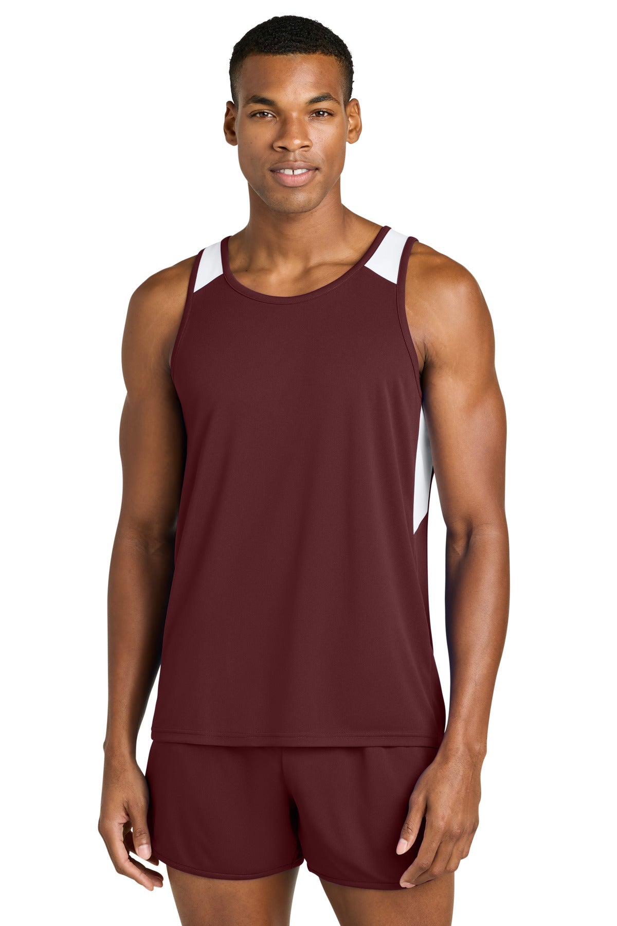 Custom Maroon/ White Club Track Tank ST446, personalized by SanCanDo Swag in Argyle, TX