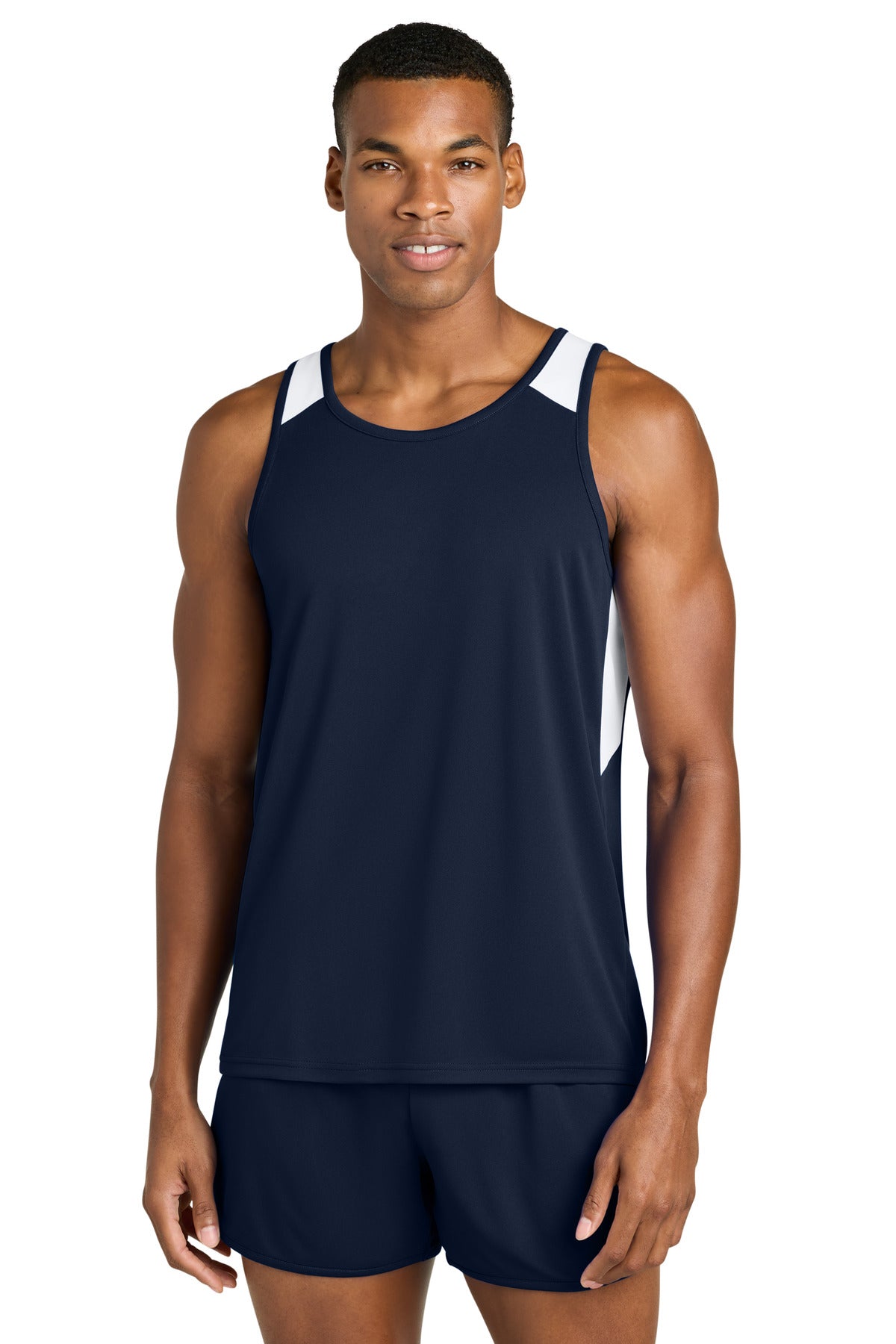 Custom True Navy/ White Club Track Tank ST446, personalized by SanCanDo Swag in Argyle, TX