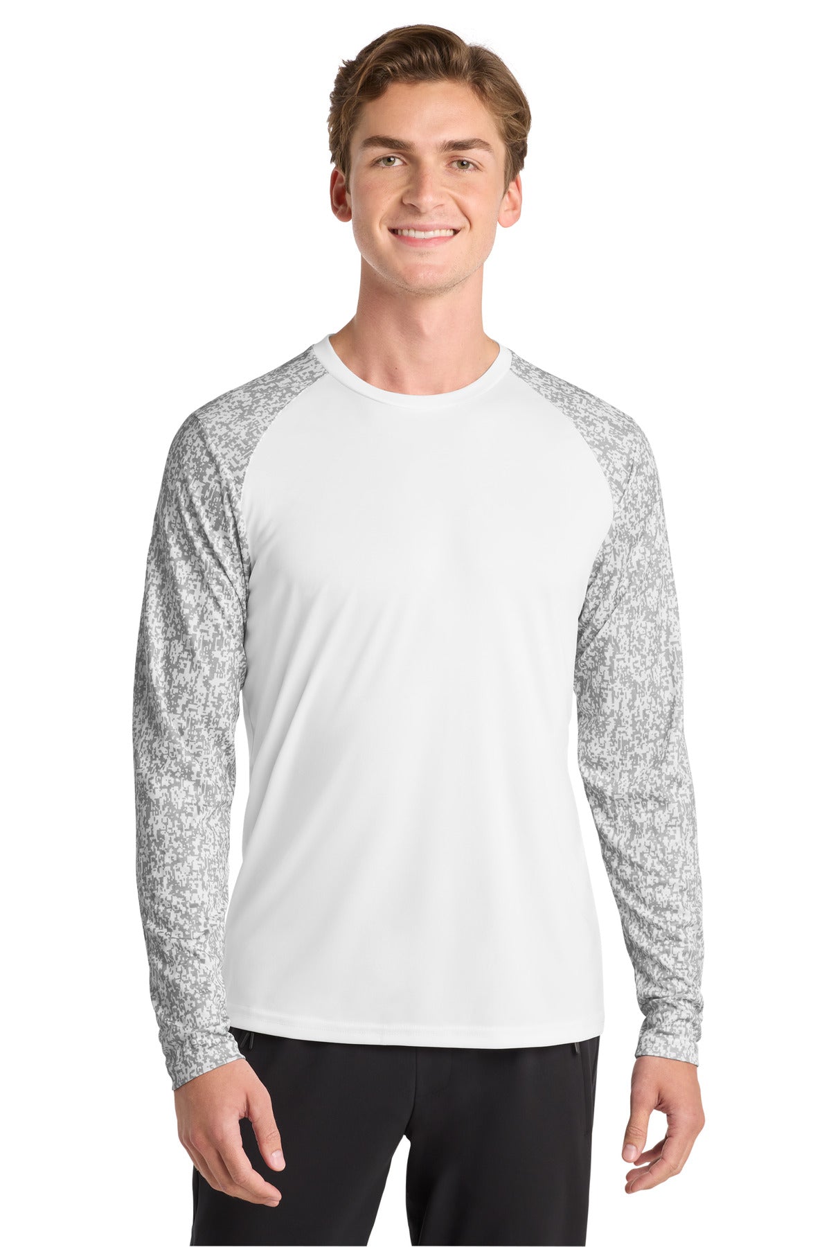 Custom White Long Sleeve Digi Camo Tee ST460LS, personalized by SanCanDo Swag in Argyle, TX