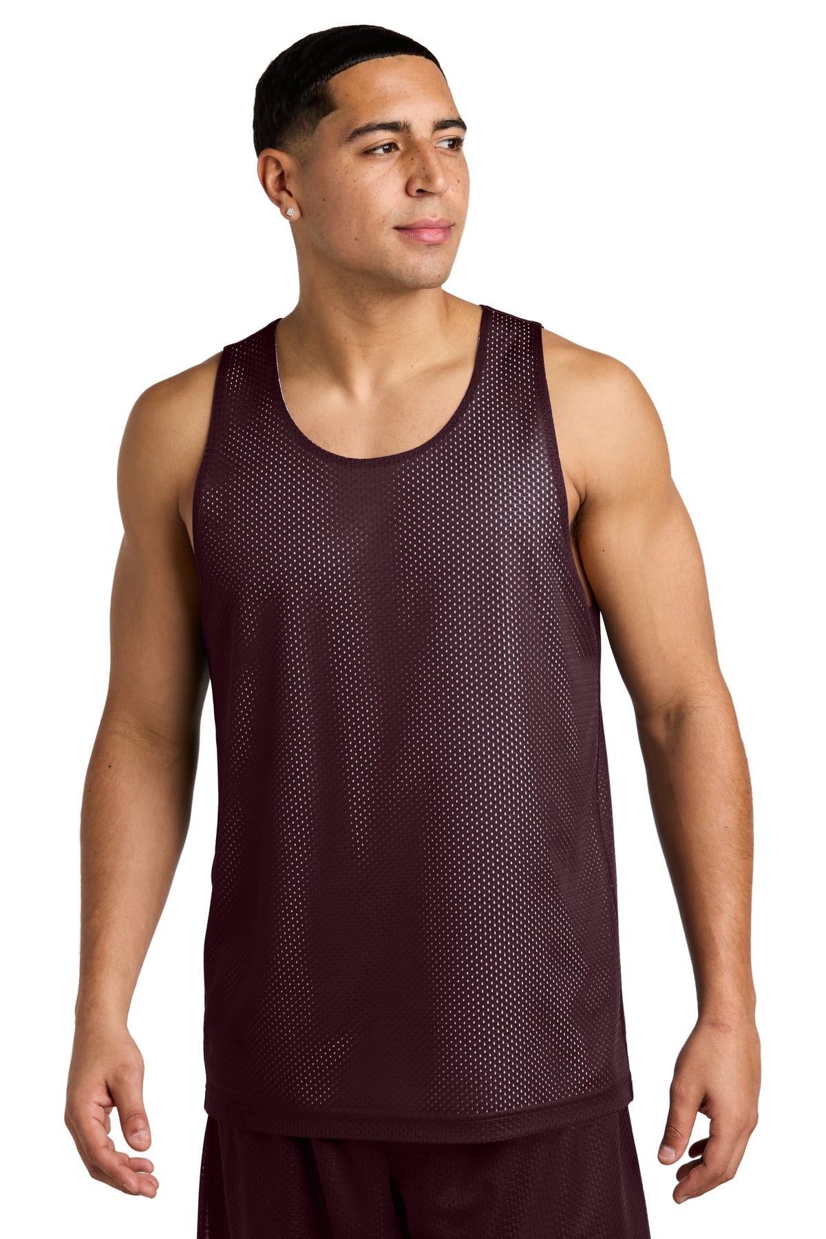Custom Maroon/ White PosiCharge Reversible Mesh Tank ST5000, personalized by SanCanDo Swag in Argyle, TX