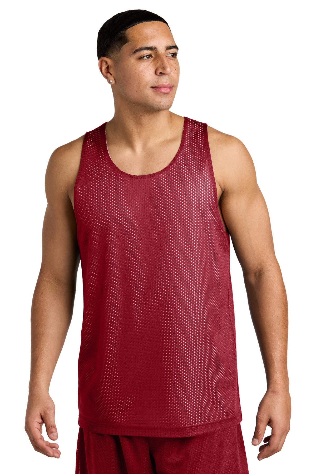 Custom Deep Red/ White PosiCharge Reversible Mesh Tank ST5000, personalized by SanCanDo Swag in Argyle, TX