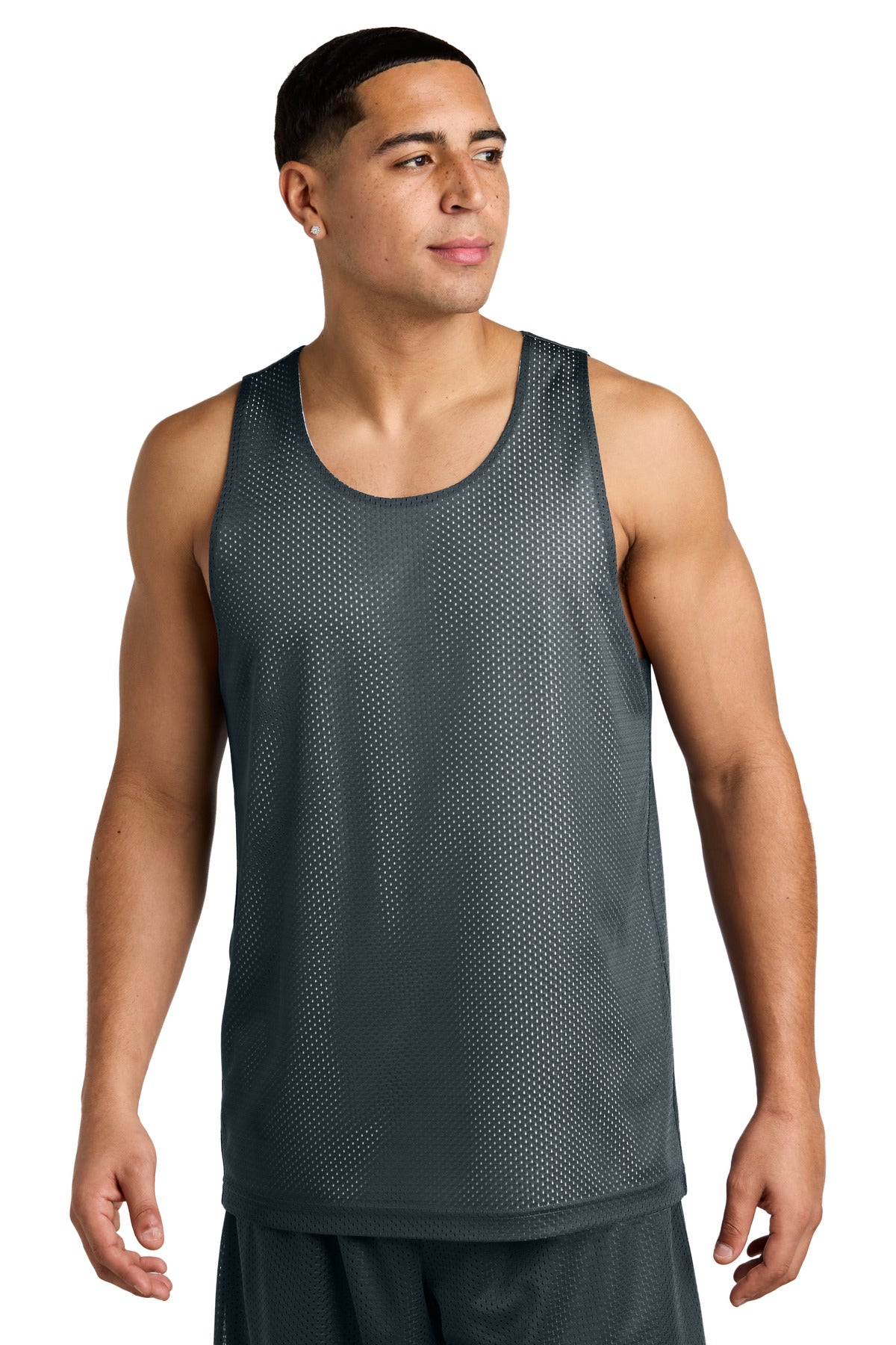 Custom Iron Grey/ White PosiCharge Reversible Mesh Tank ST5000, personalized by SanCanDo Swag in Argyle, TX