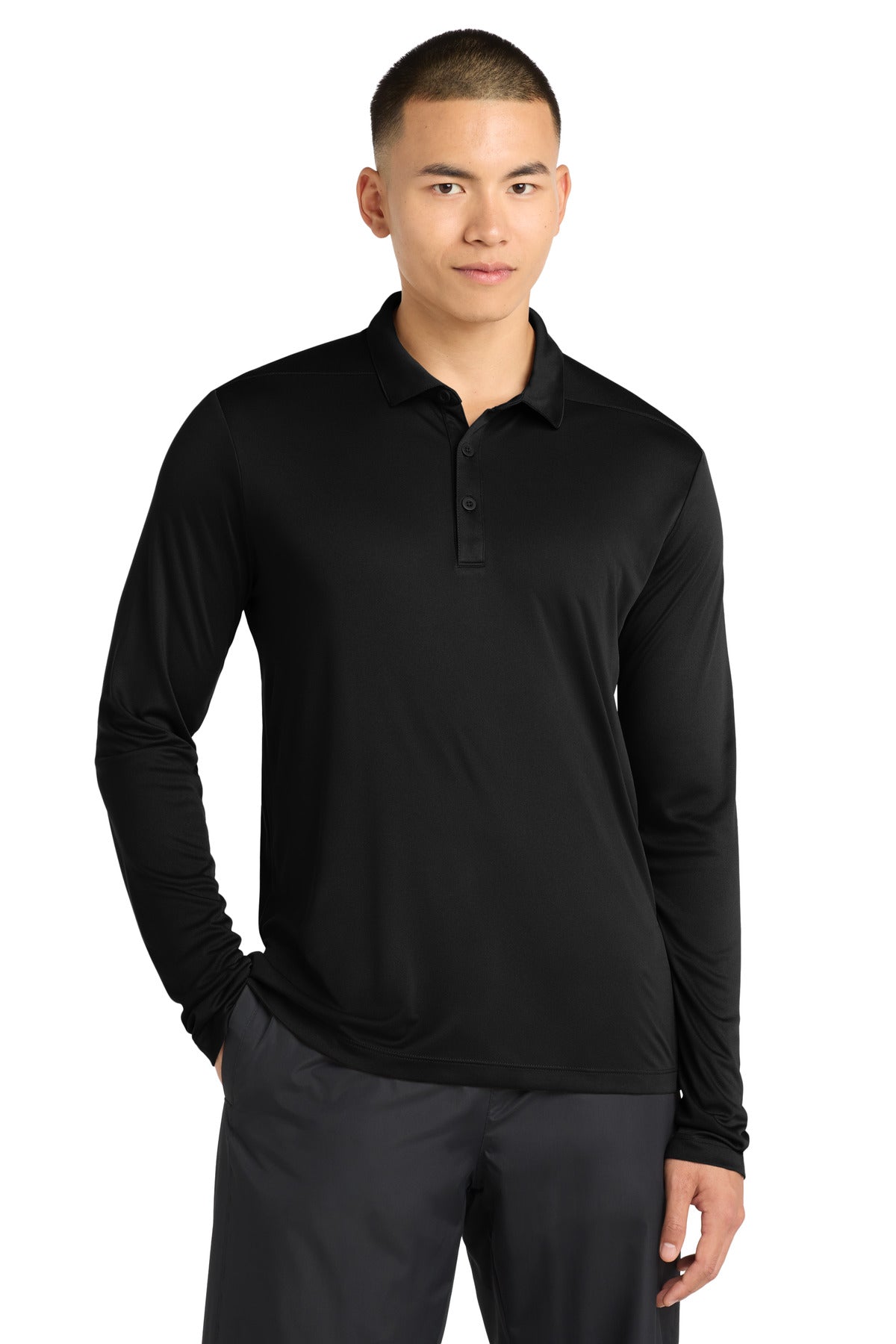 Custom Black Posi-UV Pro Long Sleeve Polo ST520LS, personalized by SanCanDo Swag in Argyle, TX