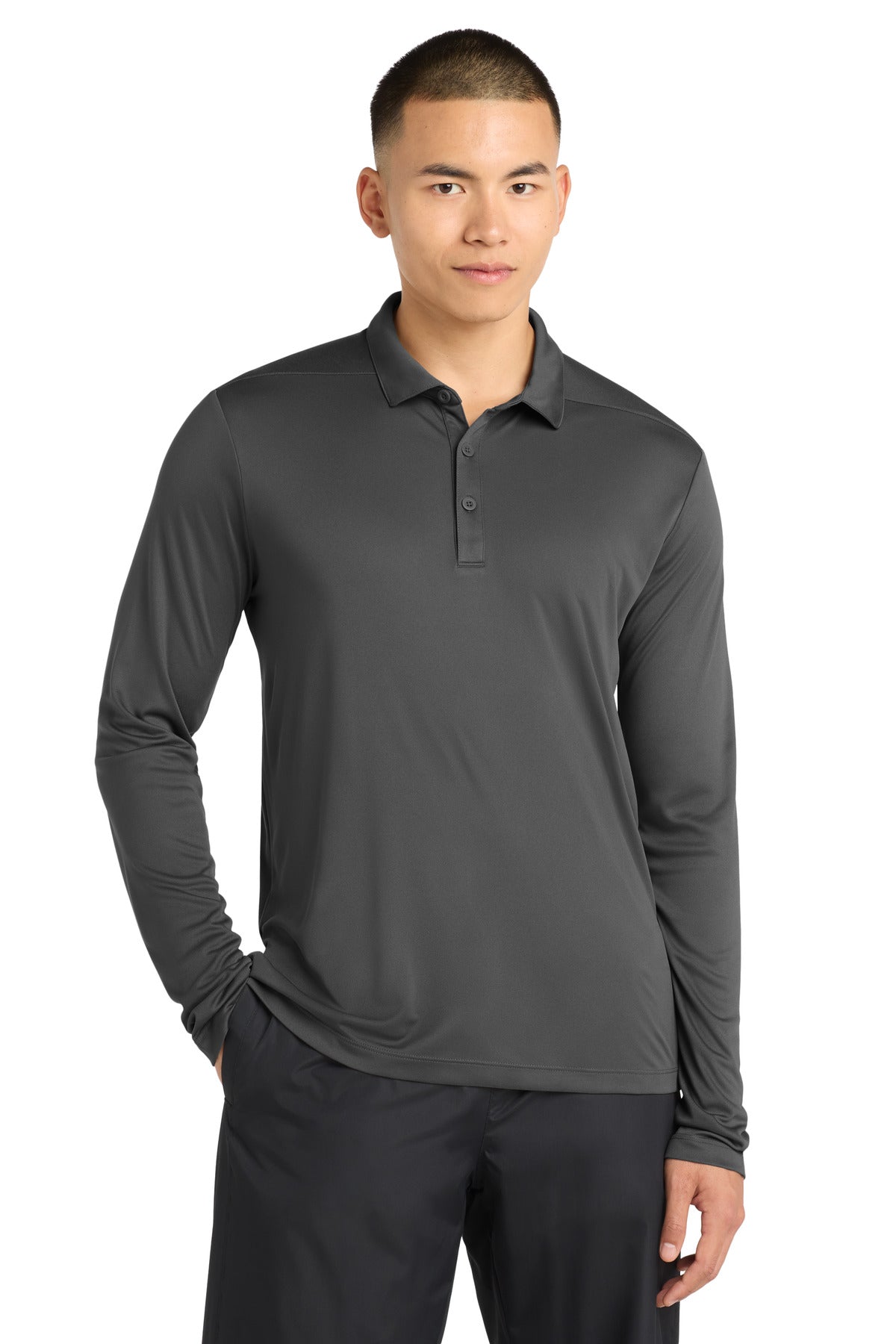 Custom Dark Smoke Grey Posi-UV Pro Long Sleeve Polo ST520LS, personalized by SanCanDo Swag in Argyle, TX