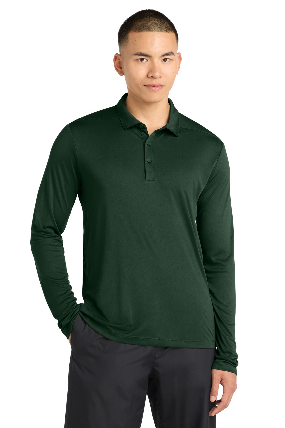 Custom Forest Green Posi-UV Pro Long Sleeve Polo ST520LS, personalized by SanCanDo Swag in Argyle, TX