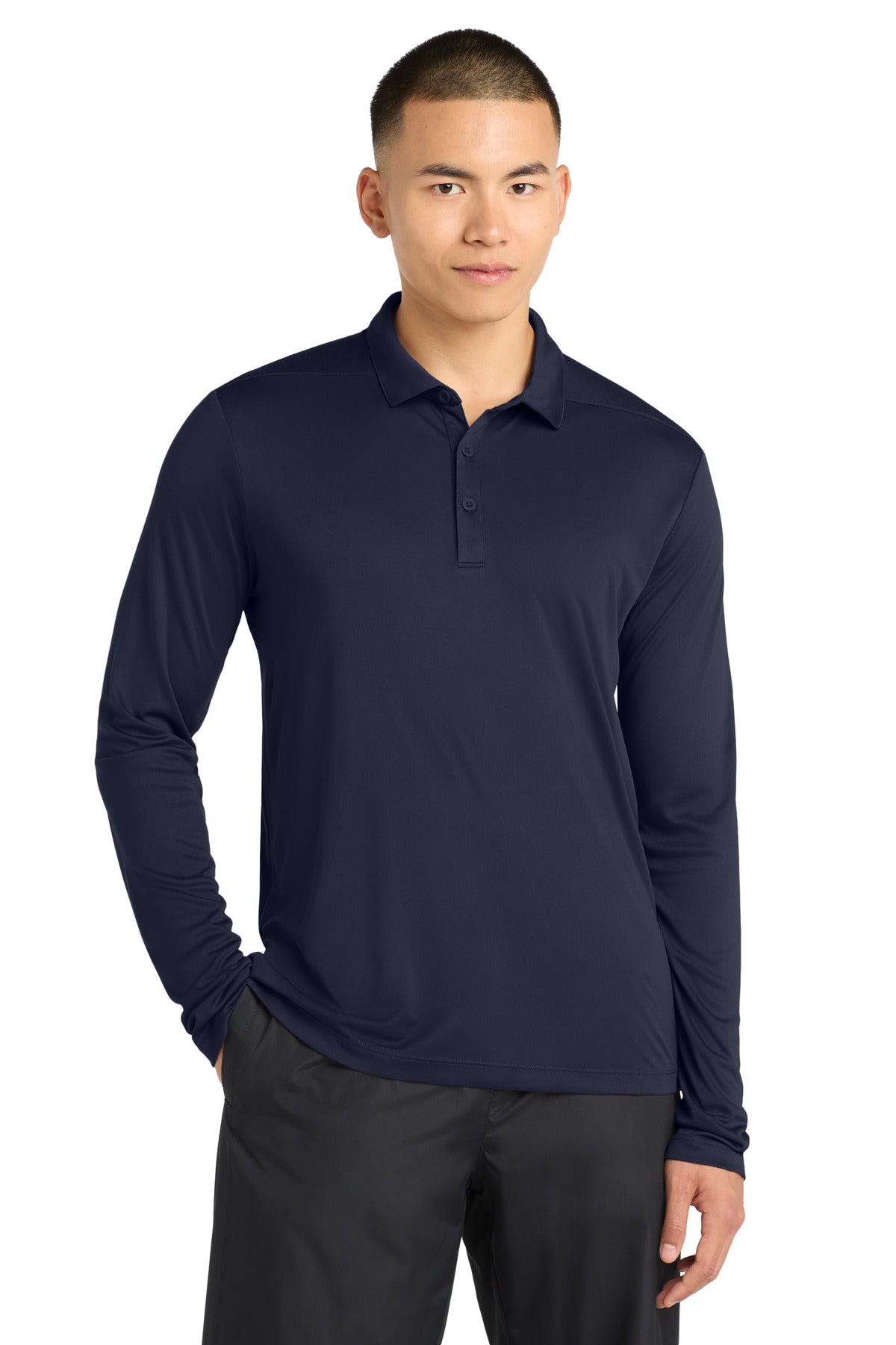 Custom True Navy Posi-UV Pro Long Sleeve Polo ST520LS, personalized by SanCanDo Swag in Argyle, TX