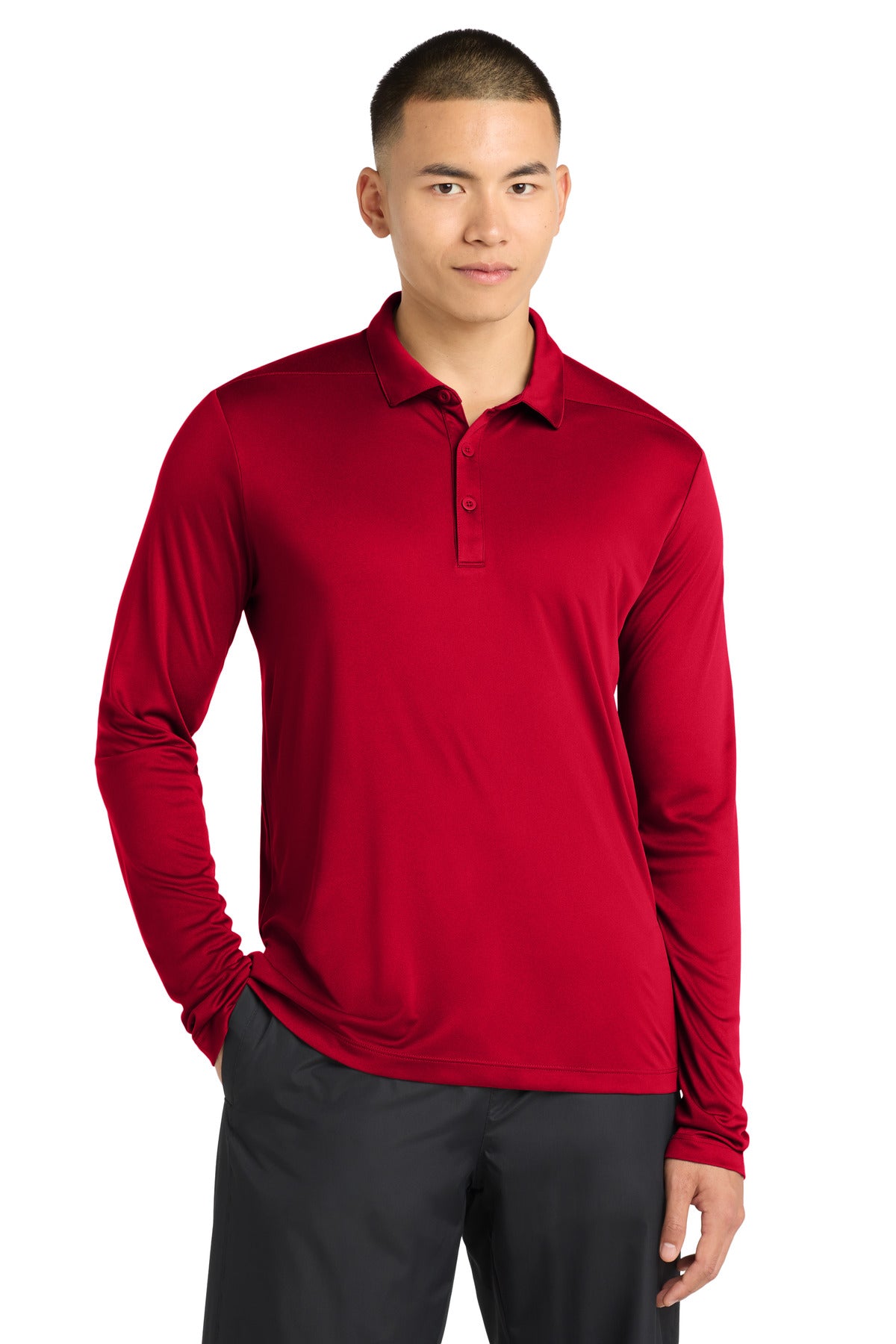 Custom True Red Posi-UV Pro Long Sleeve Polo ST520LS, personalized by SanCanDo Swag in Argyle, TX