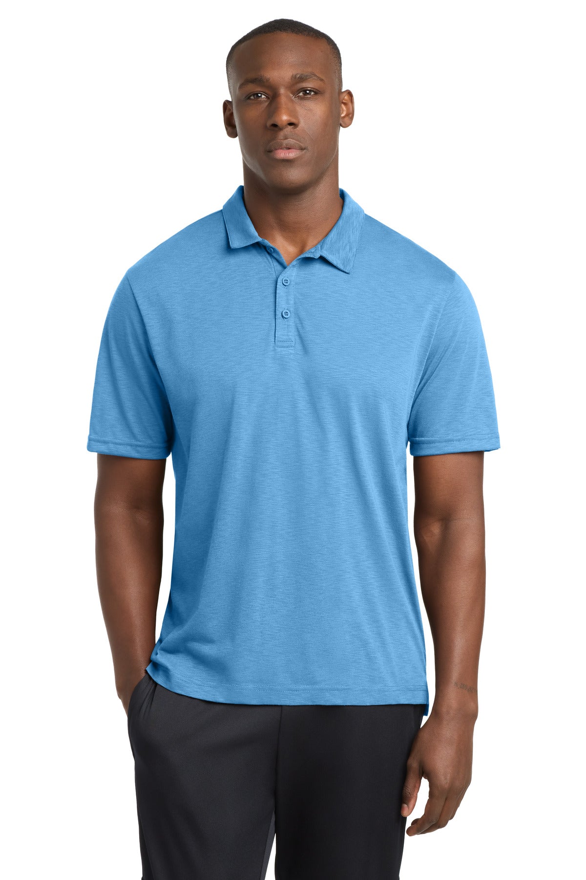 Custom Carolina Blue PosiCharge Strive Polo ST530, personalized by SanCanDo Swag in Argyle, TX