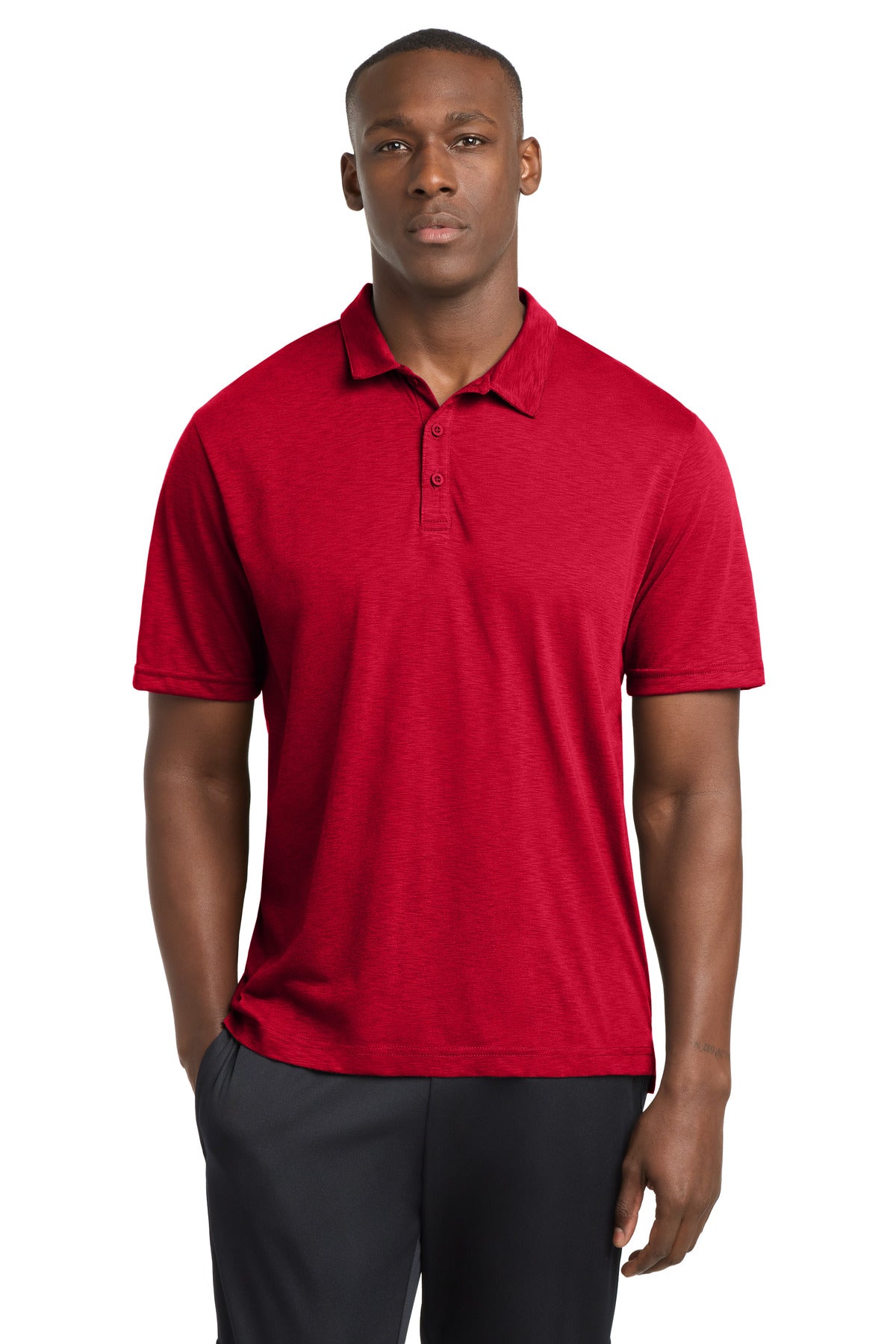 Custom Deep Red PosiCharge Strive Polo ST530, personalized by SanCanDo Swag in Argyle, TX