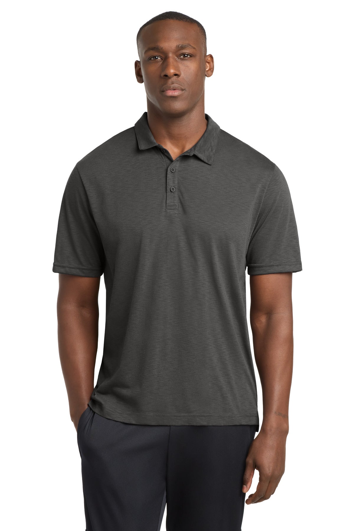 Custom Graphite PosiCharge Strive Polo ST530, personalized by SanCanDo Swag in Argyle, TX