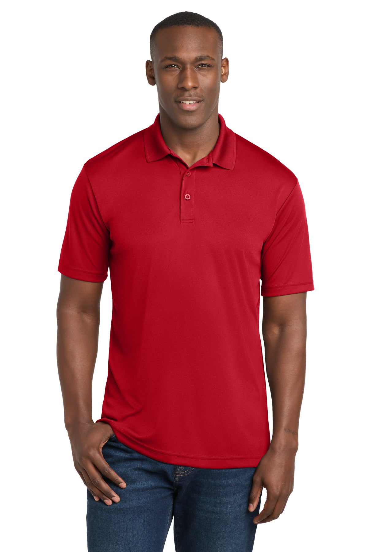 Custom True Red PosiCharge Competitor Polo ST550, personalized by SanCanDo Swag in Argyle, TX