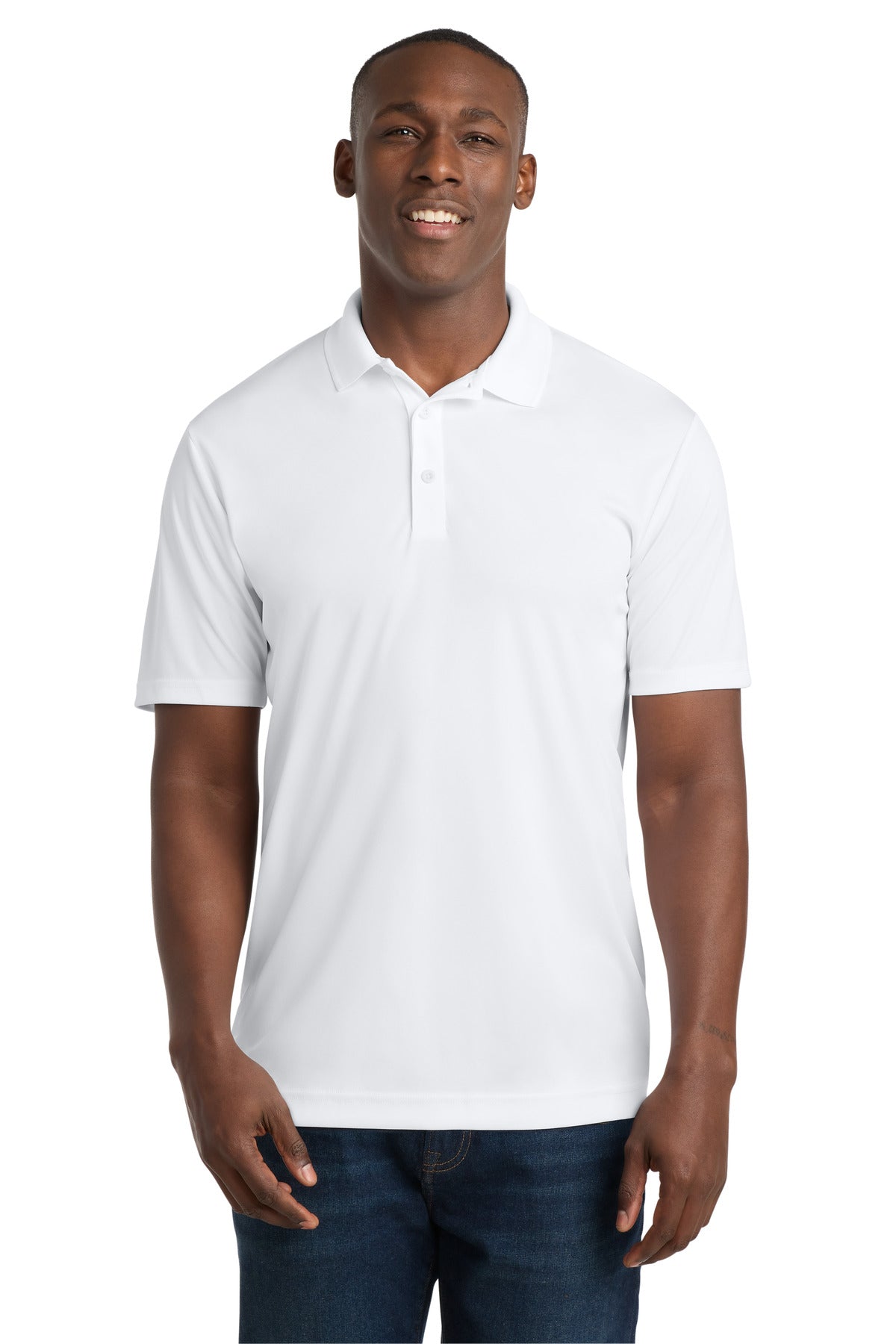 Custom White PosiCharge Competitor Polo ST550, personalized by SanCanDo Swag in Argyle, TX