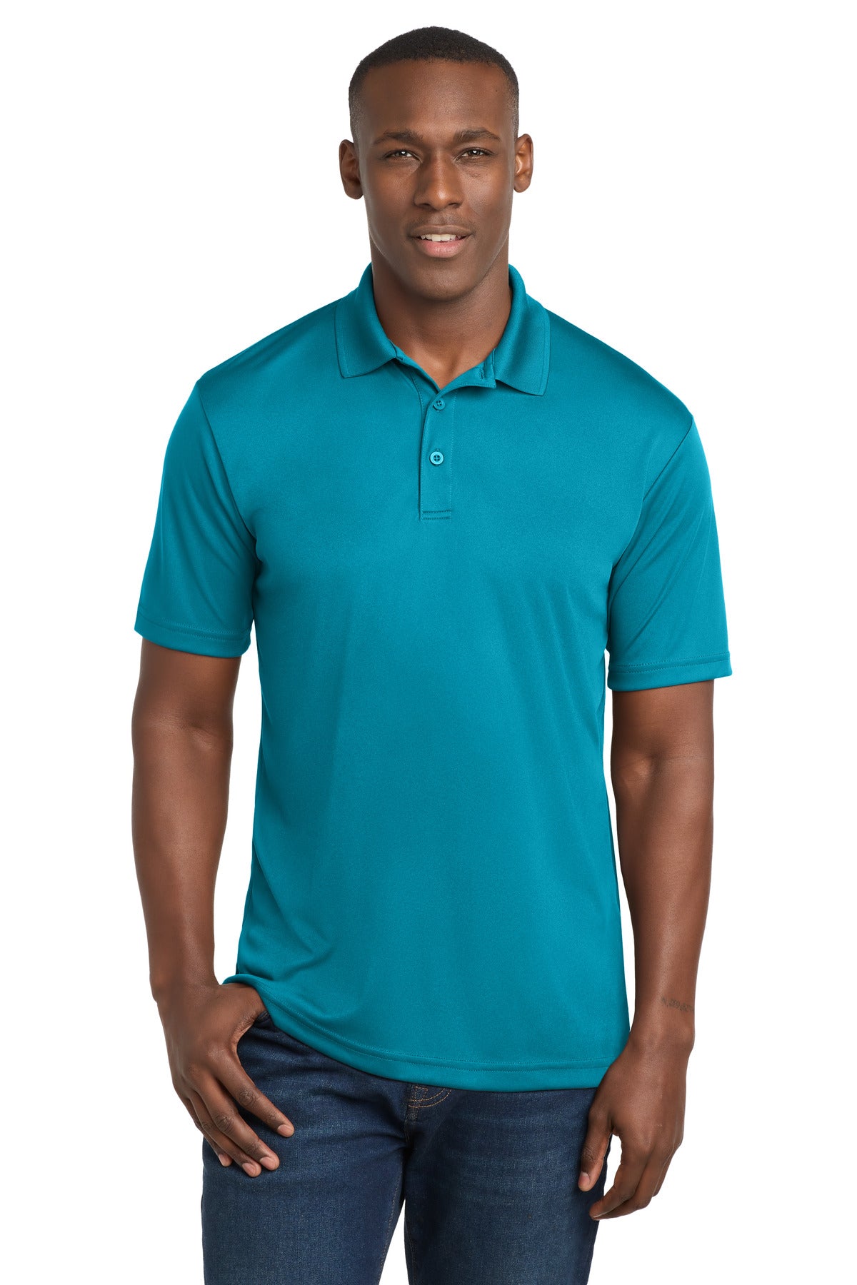 Custom Atomic Blue PosiCharge Competitor Polo ST550, personalized by SanCanDo Swag in Argyle, TX