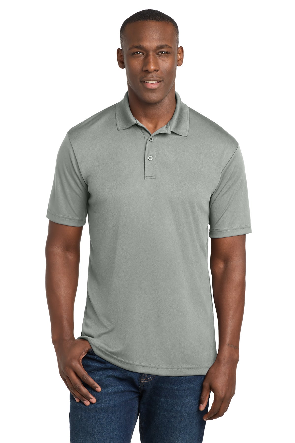 Custom Silver PosiCharge Competitor Polo ST550, personalized by SanCanDo Swag in Argyle, TX