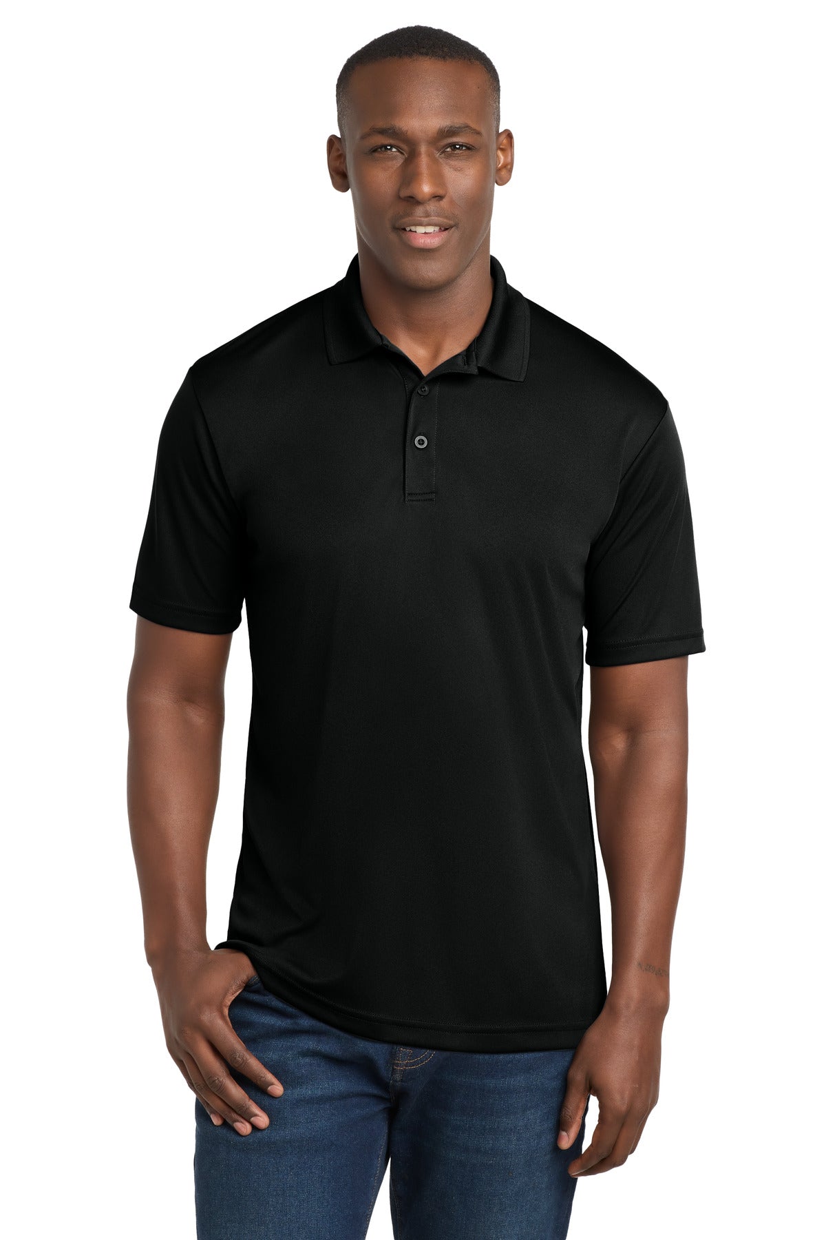 Custom Black PosiCharge Competitor Polo ST550, personalized by SanCanDo Swag in Argyle, TX