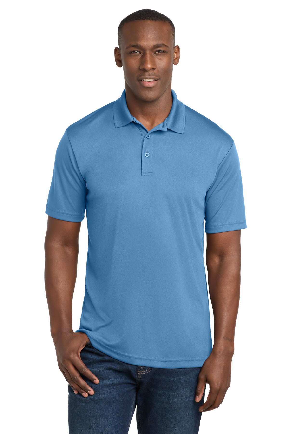 Custom Carolina Blue PosiCharge Competitor Polo ST550, personalized by SanCanDo Swag in Argyle, TX