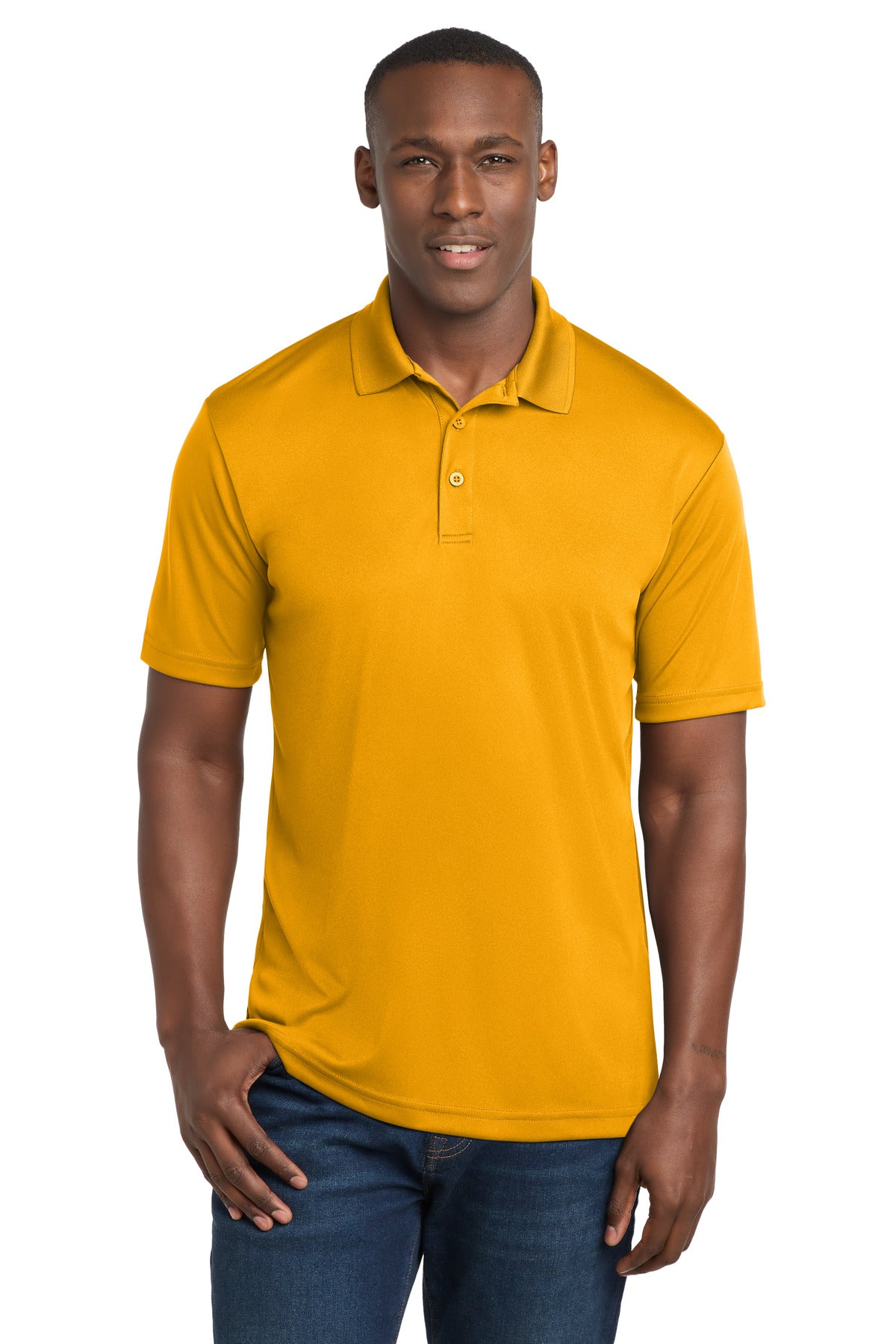 Custom Gold PosiCharge Competitor Polo ST550, personalized by SanCanDo Swag in Argyle, TX