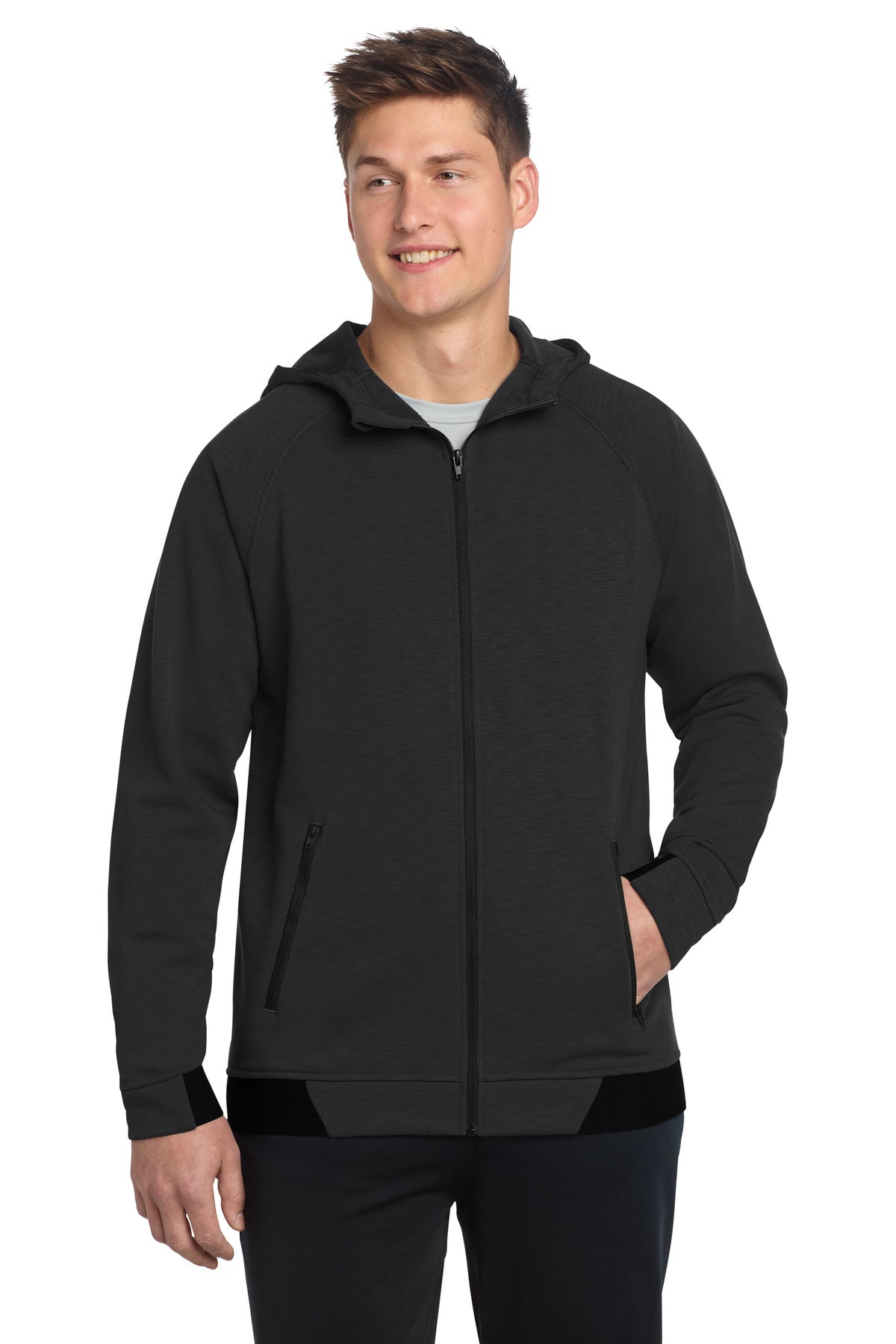 Custom Black PosiCharge Strive Hooded Full-Zip ST570, personalized by SanCanDo Swag in Argyle, TX
