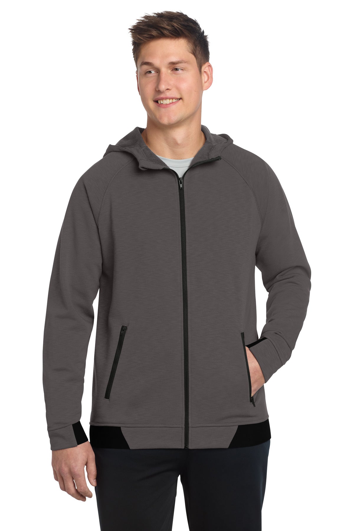 Custom Graphite PosiCharge Strive Hooded Full-Zip ST570, personalized by SanCanDo Swag in Argyle, TX