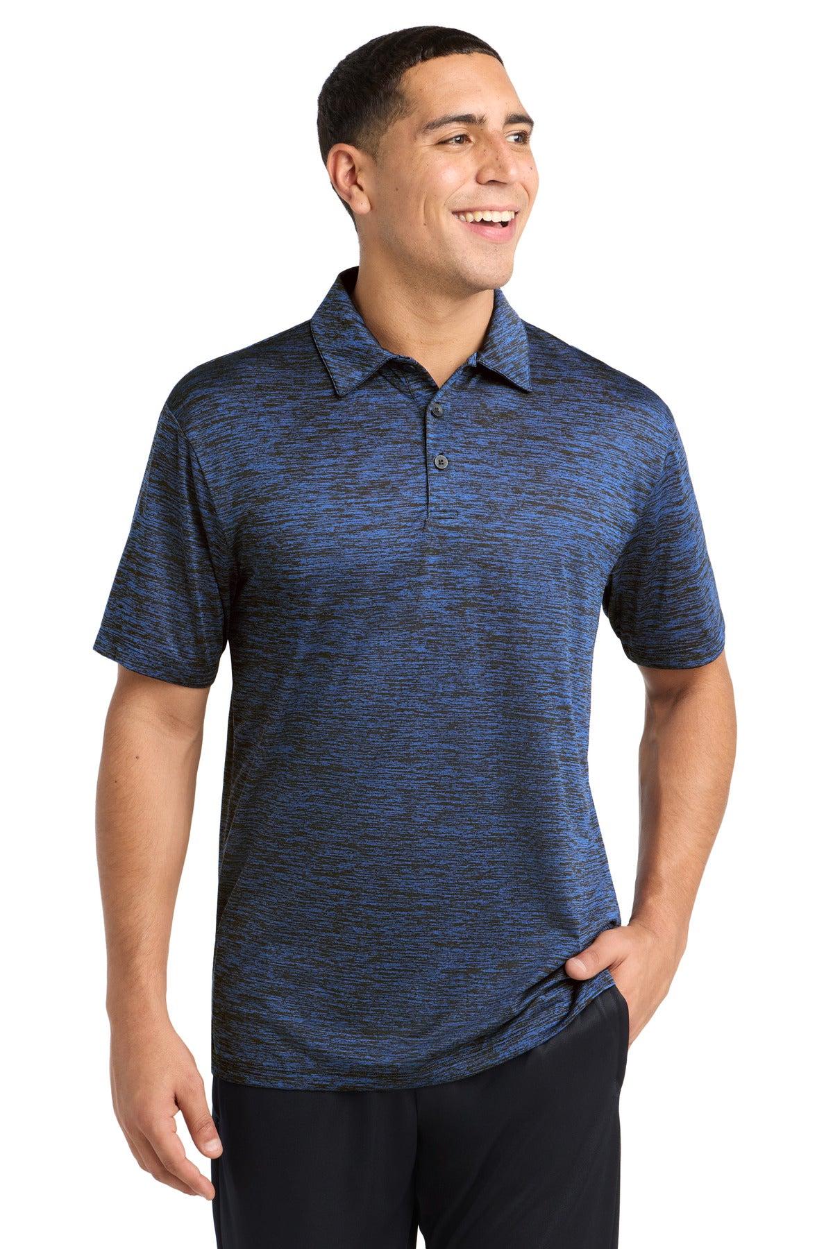 Custom Dark Royal-Black Electric PosiCharge Electric Heather Polo ST590, personalized by SanCanDo Swag in Argyle, TX