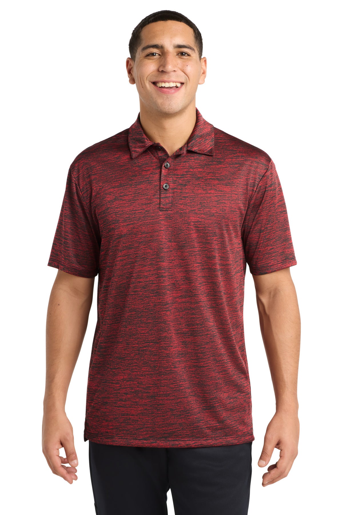 Custom Deep Red-Black Electric PosiCharge Electric Heather Polo ST590, personalized by SanCanDo Swag in Argyle, TX