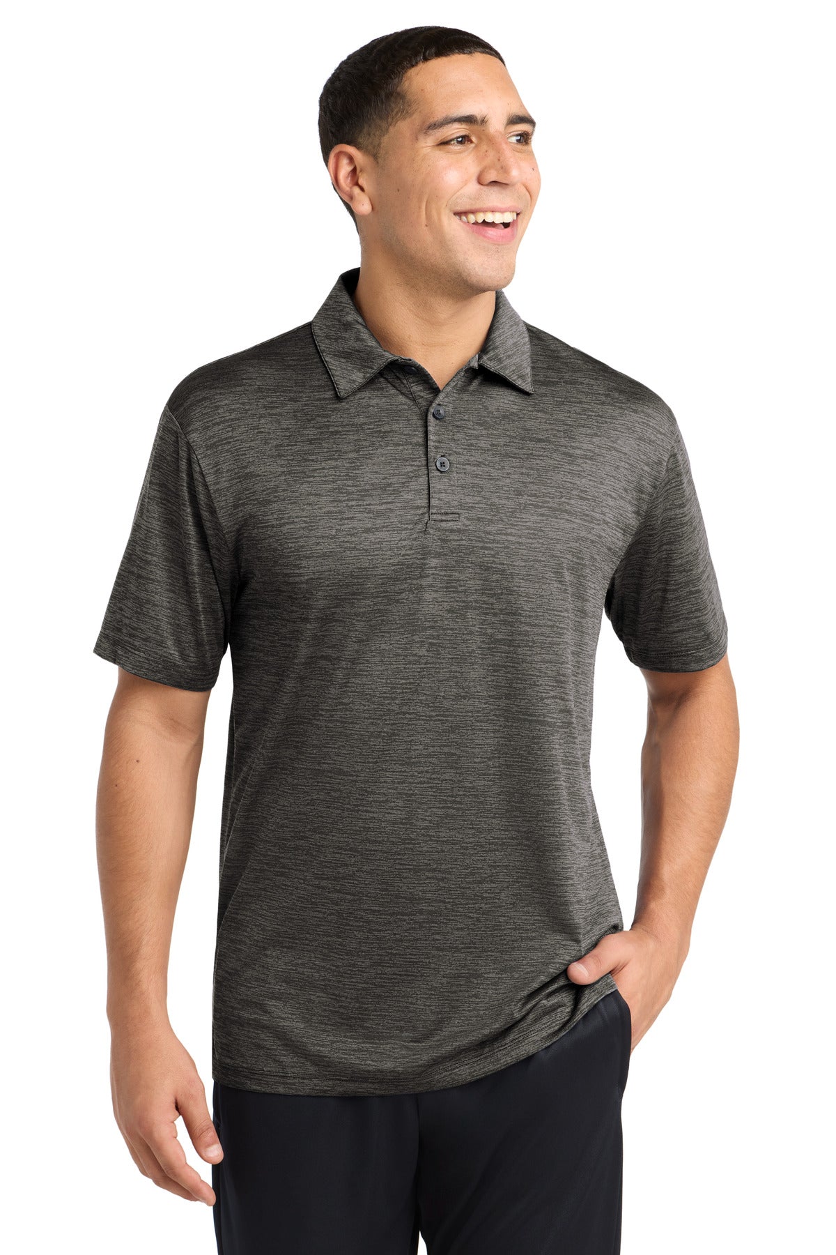 Custom Grey-Black Electric PosiCharge Electric Heather Polo ST590, personalized by SanCanDo Swag in Argyle, TX