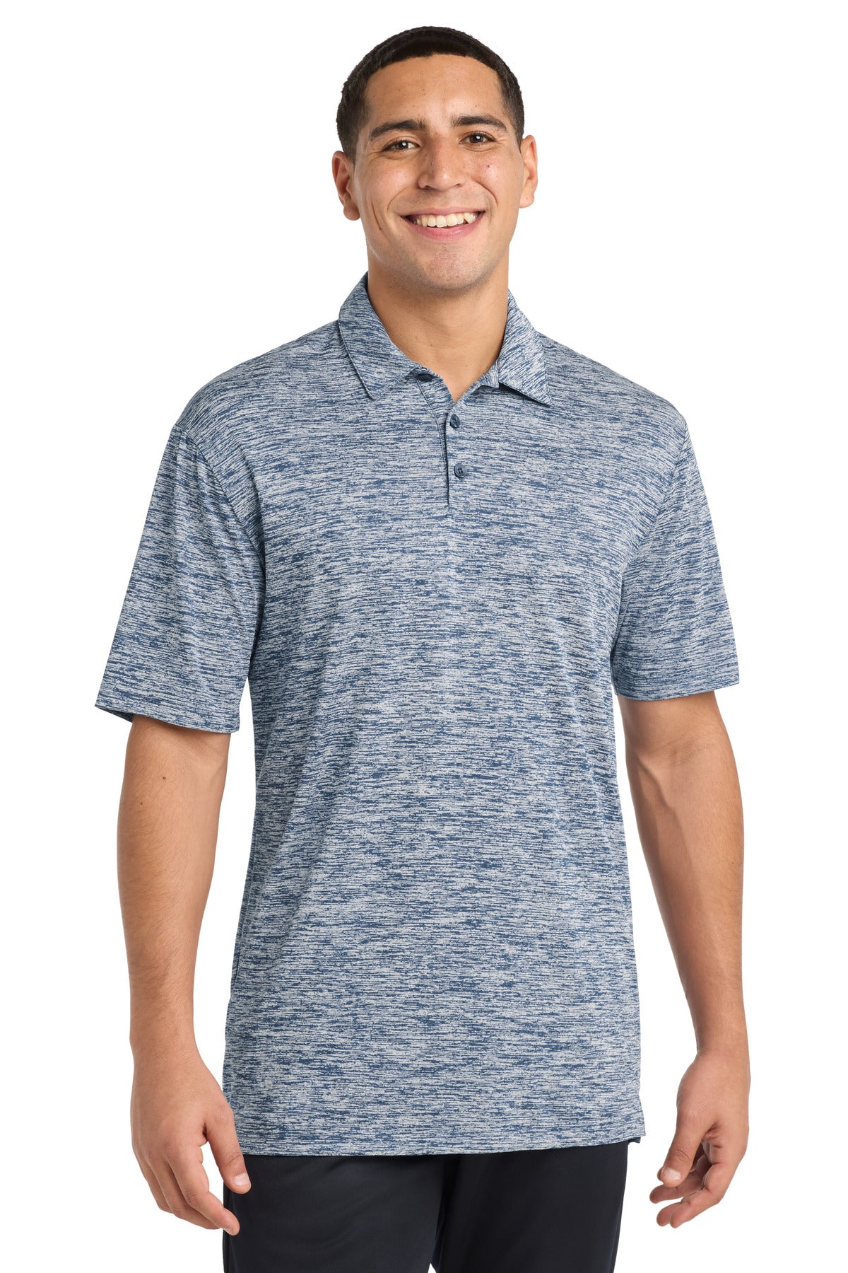 Custom True Navy Electric PosiCharge Electric Heather Polo ST590, personalized by SanCanDo Swag in Argyle, TX