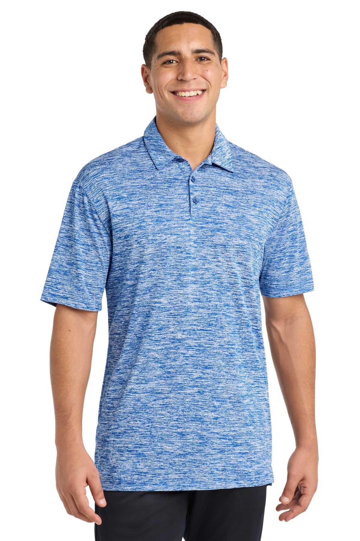 Custom True Royal Electric PosiCharge Electric Heather Polo ST590, personalized by SanCanDo Swag in Argyle, TX