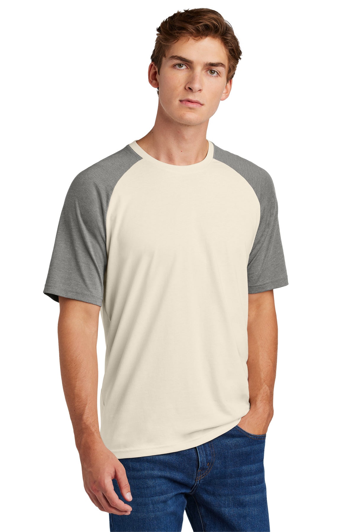 Custom Vintage Heather/ Ecru Halftime Raglan Tee ST6040, personalized by SanCanDo Swag in Argyle, TX