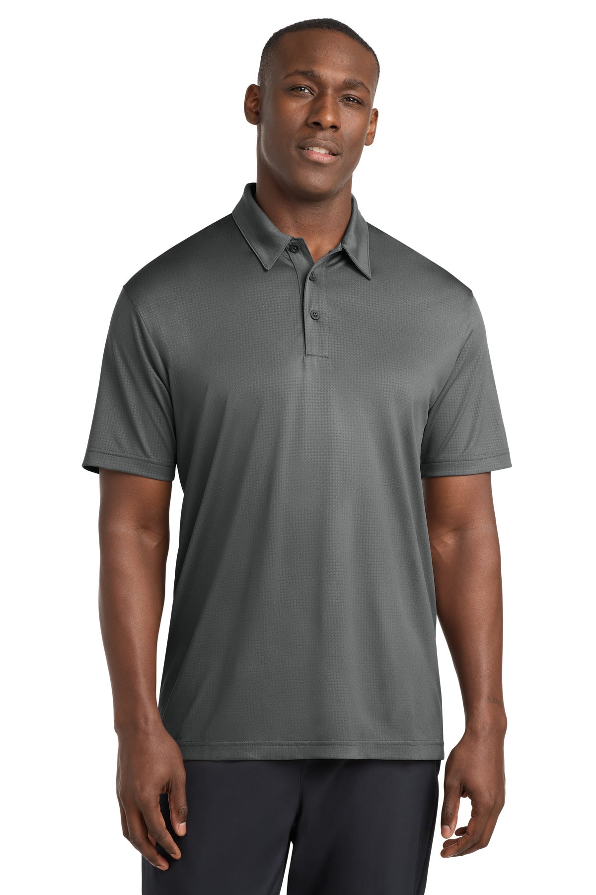 Custom Dark Smoke Grey Embossed PosiCharge Tough Polo ST630, personalized by SanCanDo Swag in Argyle, TX