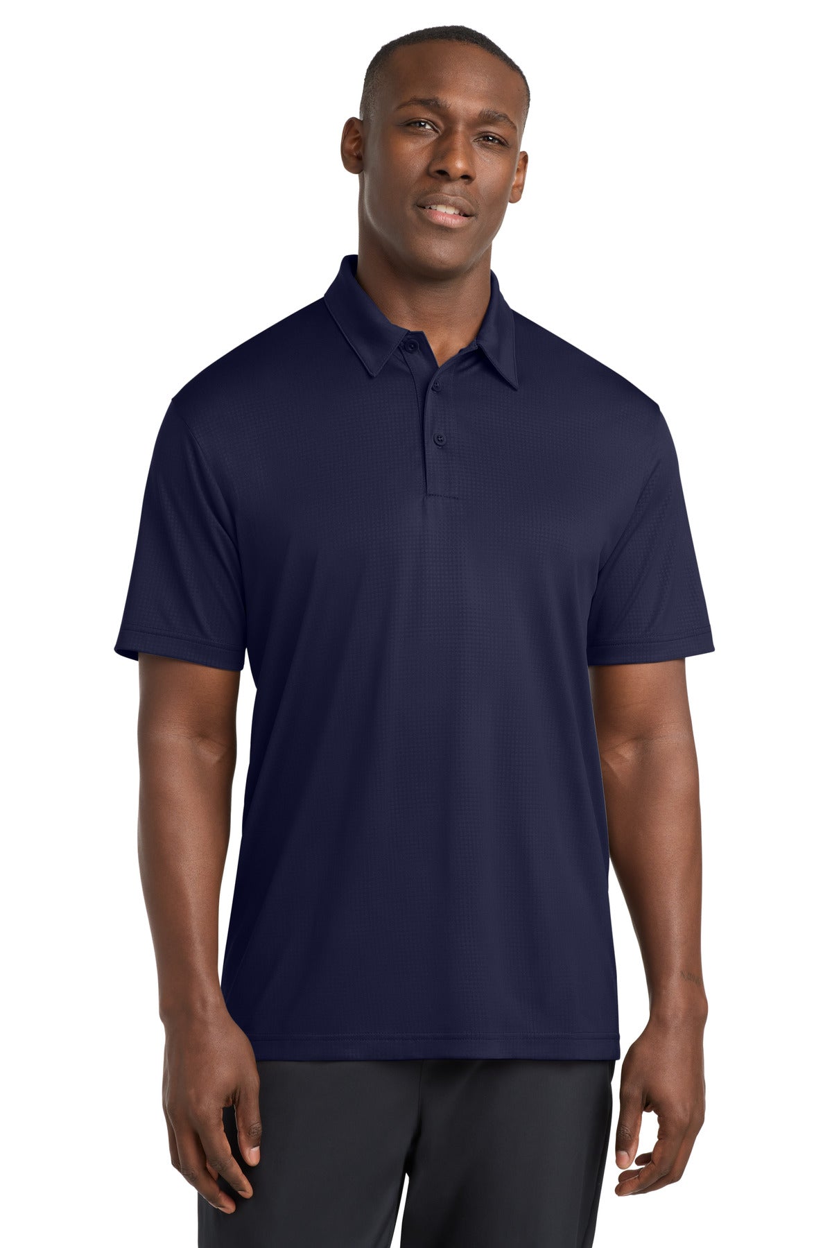 Custom True Navy Embossed PosiCharge Tough Polo ST630, personalized by SanCanDo Swag in Argyle, TX