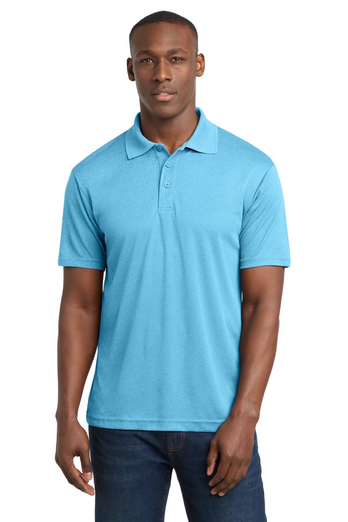 Custom Pond Blue Heather PosiCharge RacerMesh Polo ST640, personalized by SanCanDo Swag in Argyle, TX
