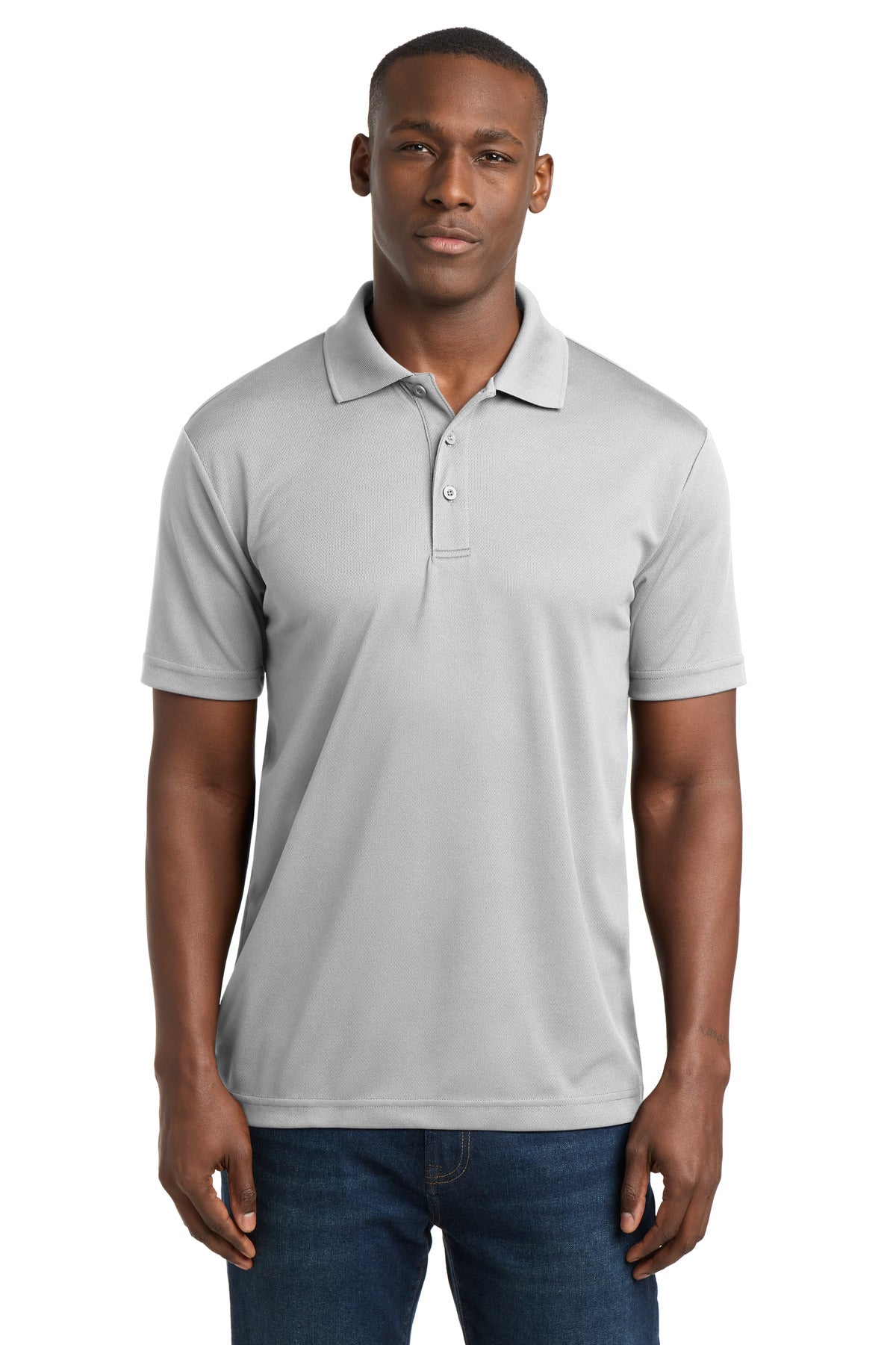 Custom Silver PosiCharge RacerMesh Polo ST640, personalized by SanCanDo Swag in Argyle, TX