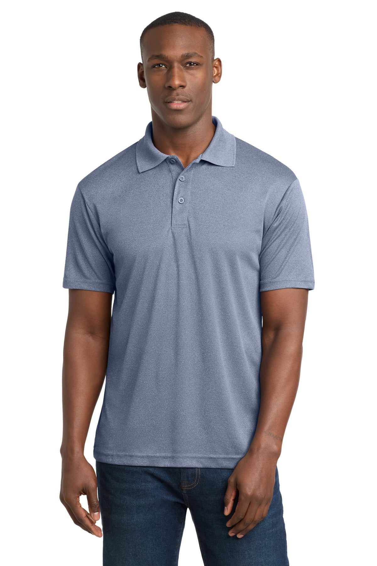 Custom True Navy Heather PosiCharge RacerMesh Polo ST640, personalized by SanCanDo Swag in Argyle, TX