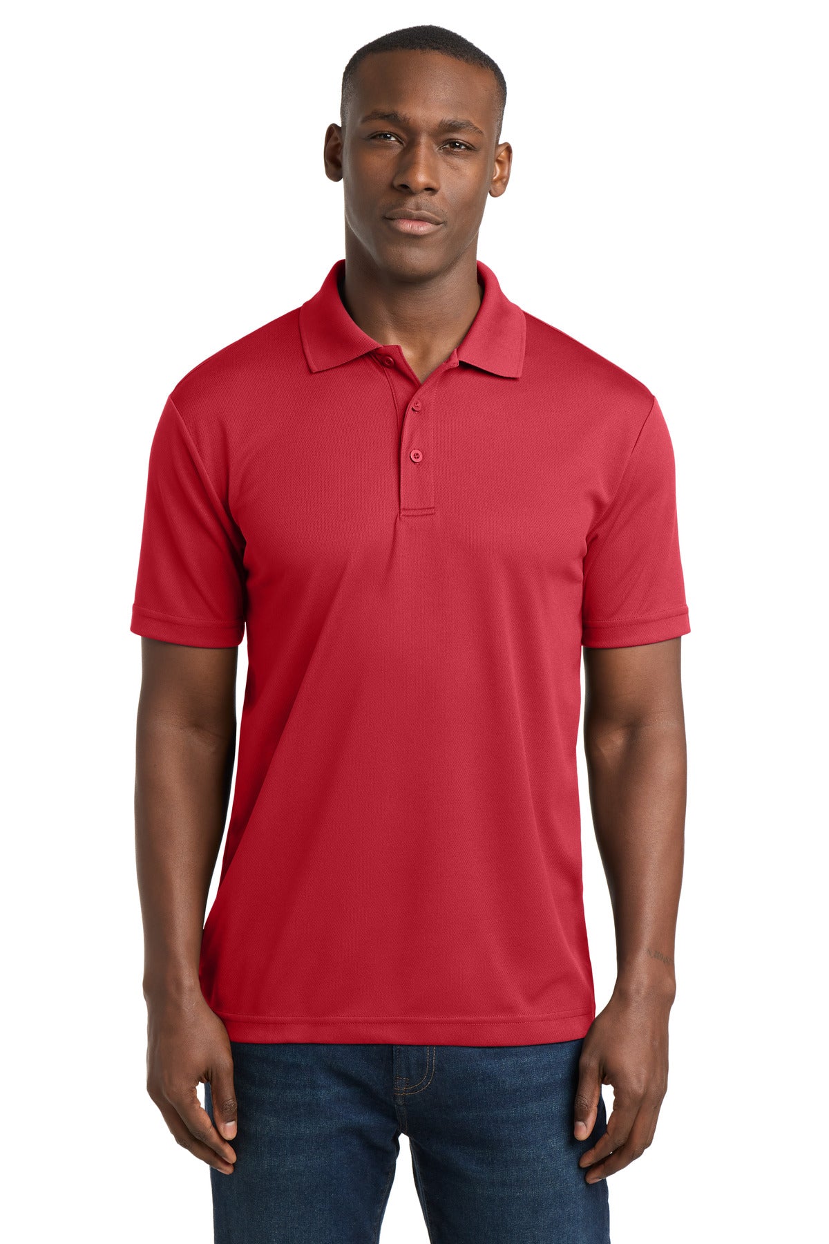 Custom True Red PosiCharge RacerMesh Polo ST640, personalized by SanCanDo Swag in Argyle, TX