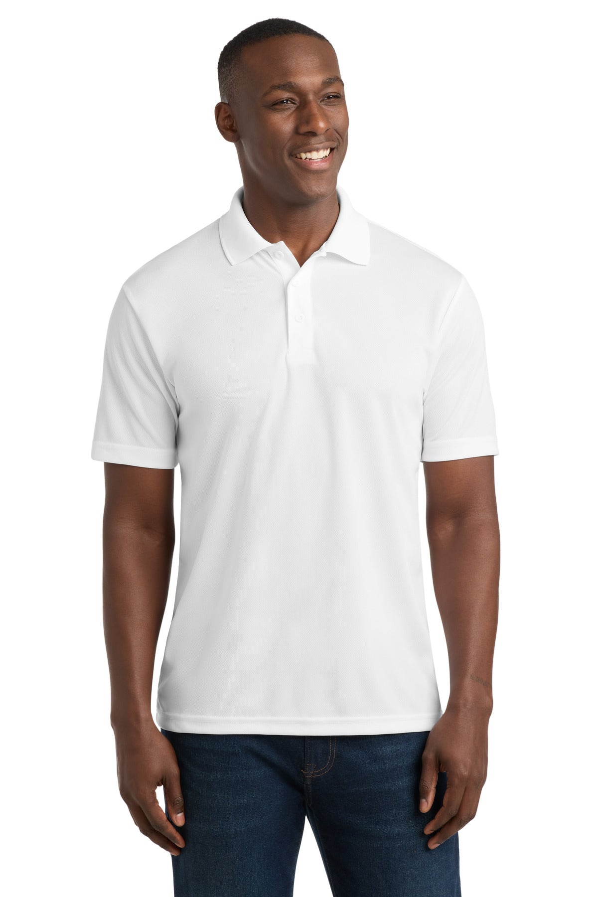 Custom White PosiCharge RacerMesh Polo ST640, personalized by SanCanDo Swag in Argyle, TX