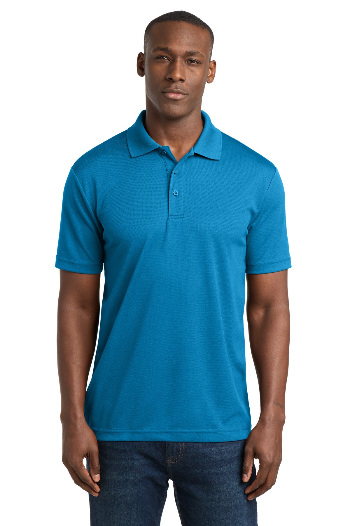 Custom Pond Blue PosiCharge RacerMesh Polo ST640, personalized by SanCanDo Swag in Argyle, TX