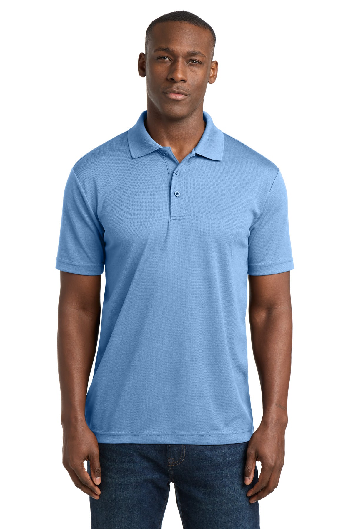 Custom Carolina Blue PosiCharge RacerMesh Polo ST640, personalized by SanCanDo Swag in Argyle, TX