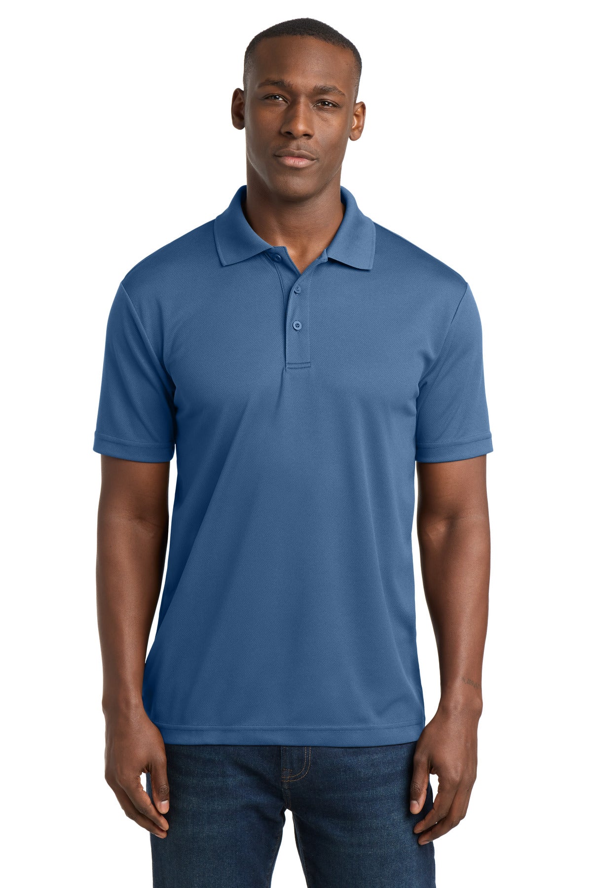 Custom Dawn Blue PosiCharge RacerMesh Polo ST640, personalized by SanCanDo Swag in Argyle, TX
