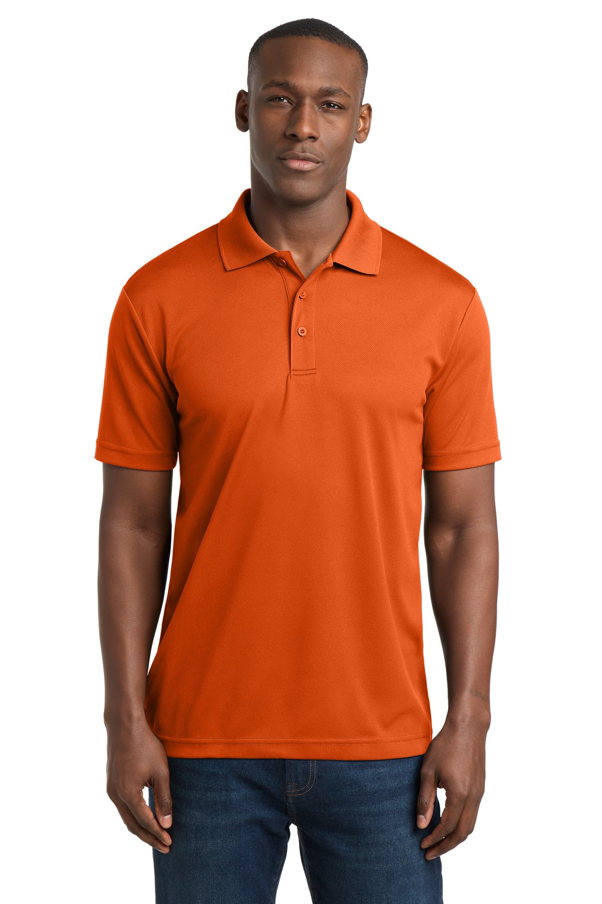 Custom Deep Orange PosiCharge RacerMesh Polo ST640, personalized by SanCanDo Swag in Argyle, TX