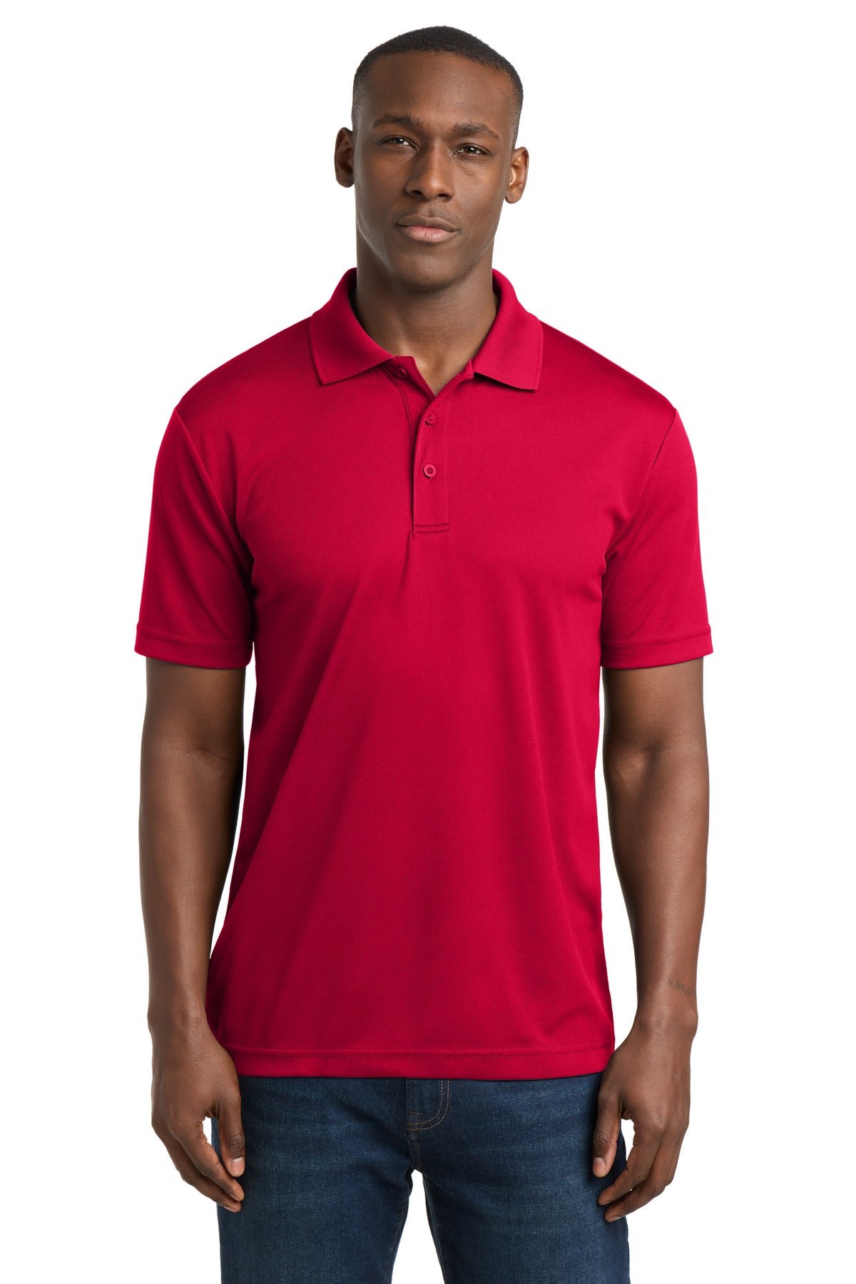 Custom Deep Red PosiCharge RacerMesh Polo ST640, personalized by SanCanDo Swag in Argyle, TX