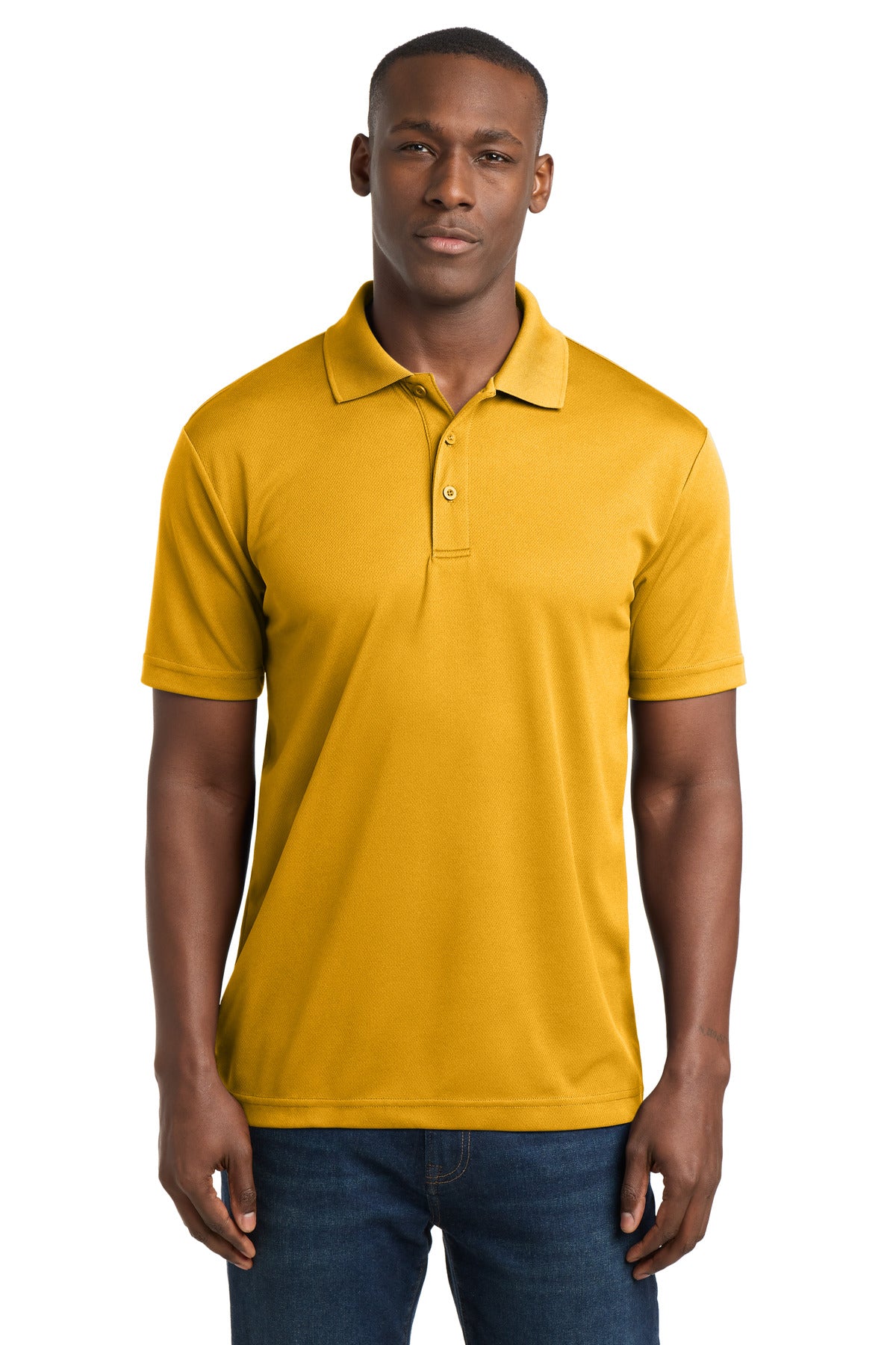 Custom Gold PosiCharge RacerMesh Polo ST640, personalized by SanCanDo Swag in Argyle, TX