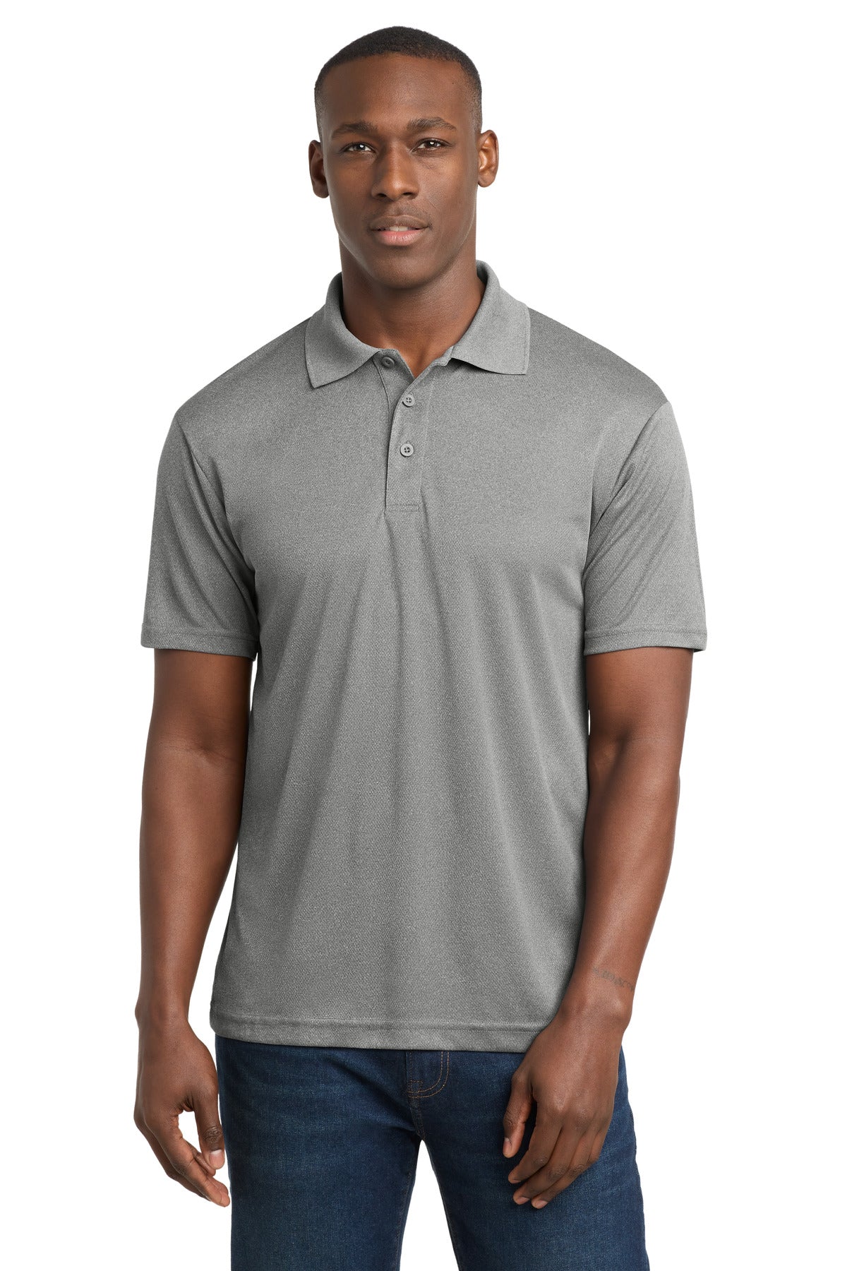 Custom Grey Heather PosiCharge RacerMesh Polo ST640, personalized by SanCanDo Swag in Argyle, TX