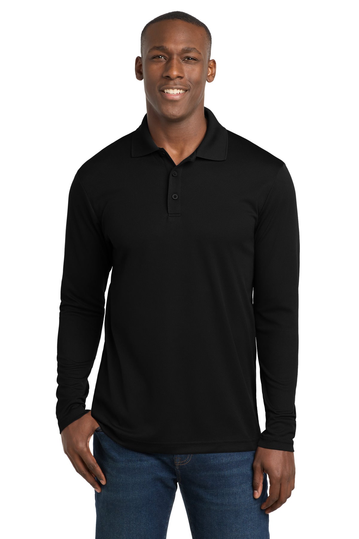 Custom Black PosiCharge RacerMesh Long Sleeve Polo ST640LS, personalized by SanCanDo Swag in Argyle, TX
