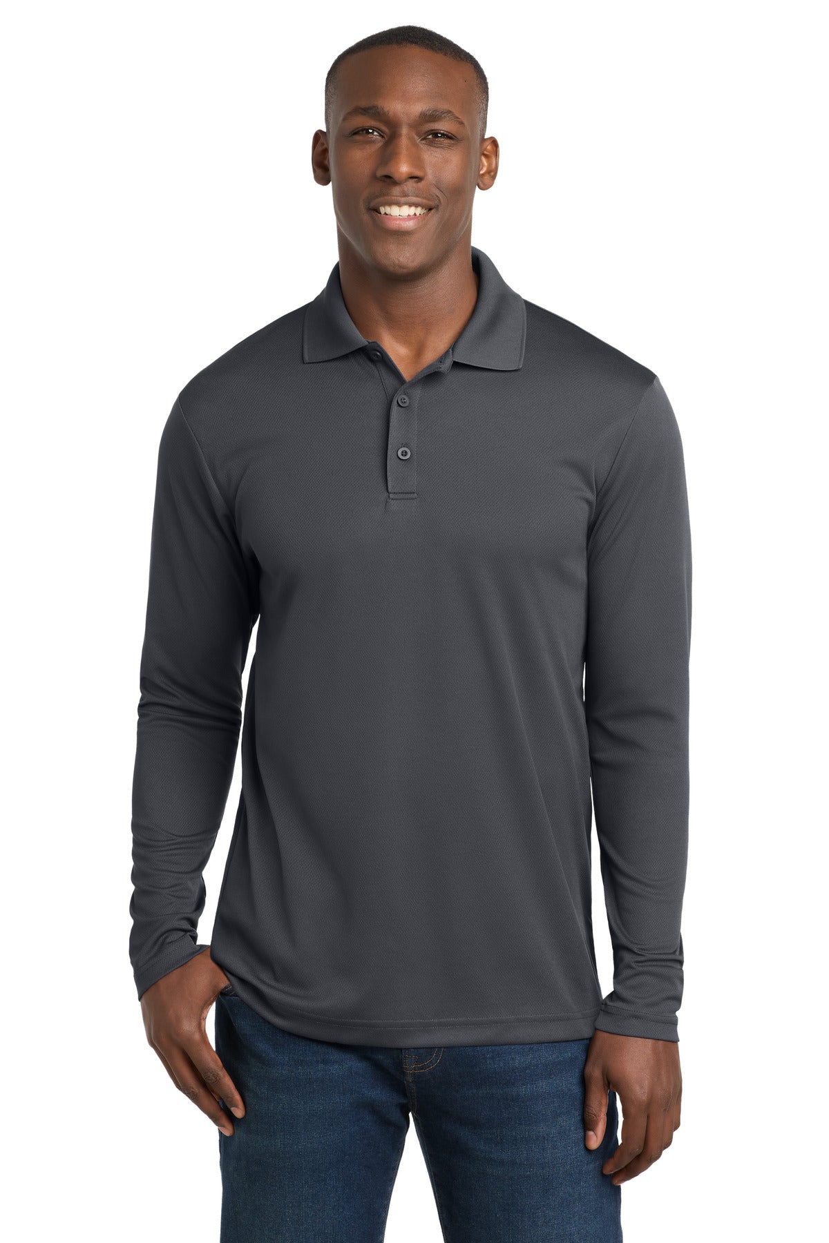 Custom Graphite PosiCharge RacerMesh Long Sleeve Polo ST640LS, personalized by SanCanDo Swag in Argyle, TX