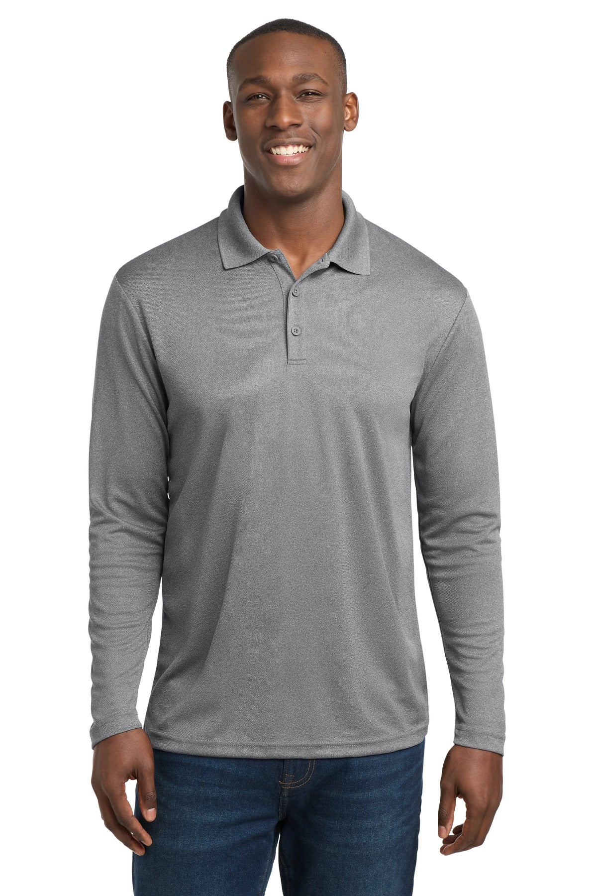 Custom Grey Heather PosiCharge RacerMesh Long Sleeve Polo ST640LS, personalized by SanCanDo Swag in Argyle, TX