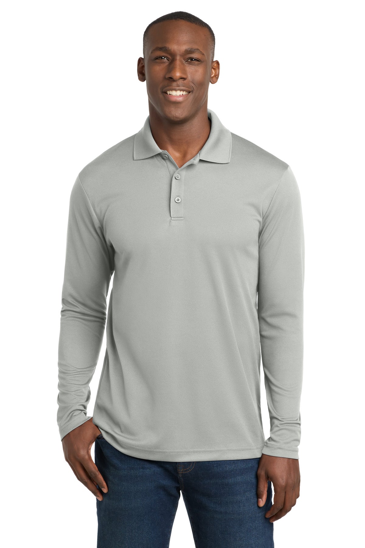 Custom Silver PosiCharge RacerMesh Long Sleeve Polo ST640LS, personalized by SanCanDo Swag in Argyle, TX