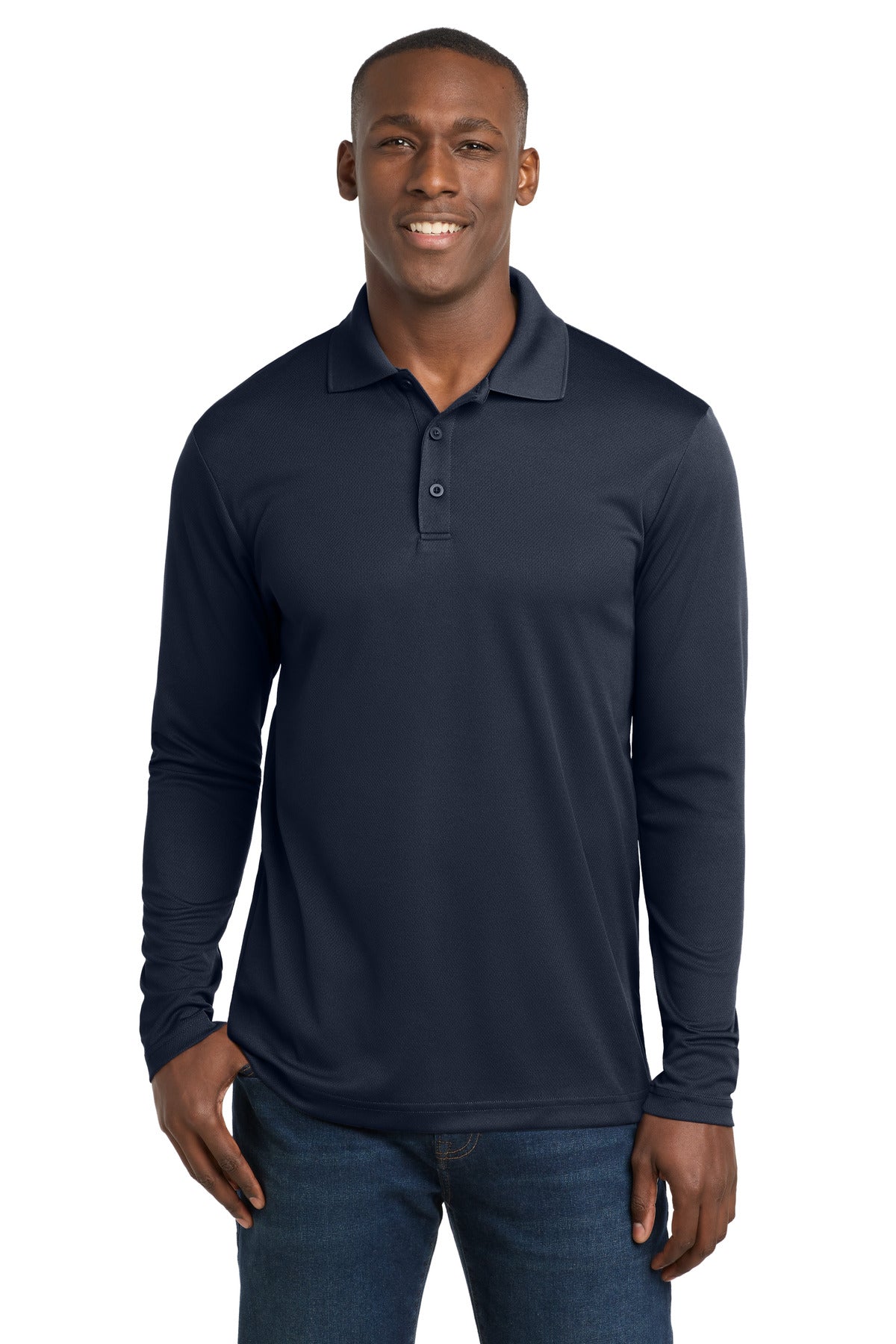 Custom True Navy PosiCharge RacerMesh Long Sleeve Polo ST640LS, personalized by SanCanDo Swag in Argyle, TX